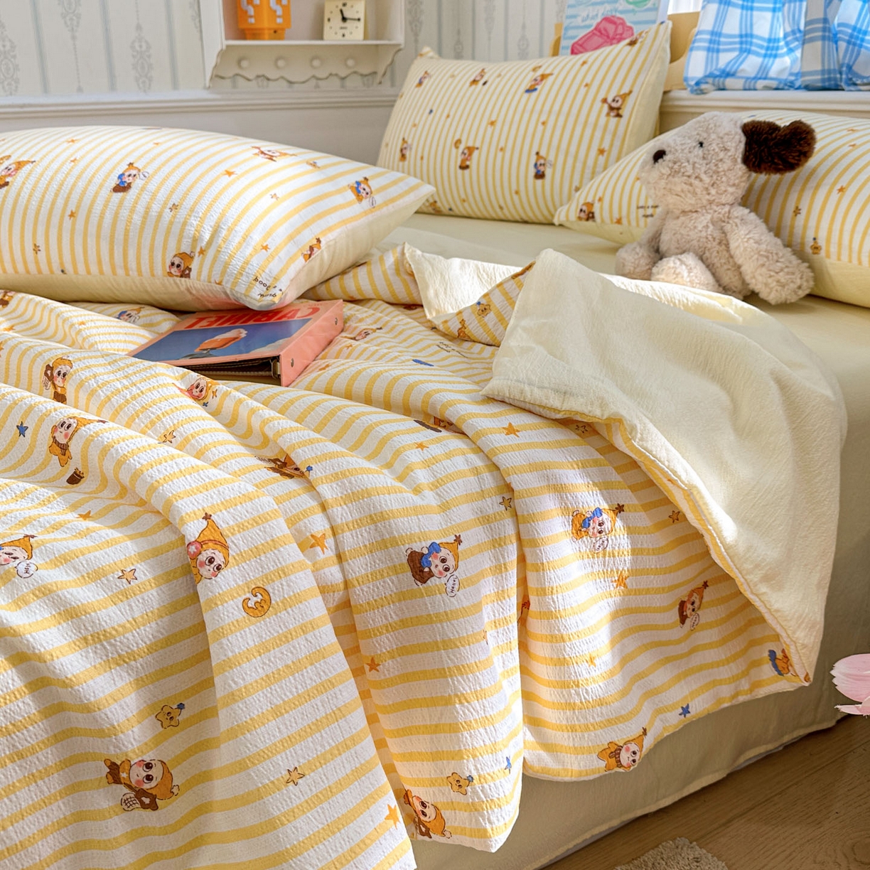 91家纺网 家纺一手货源 找家纺 N先生+V 13814689556 发大图/买家秀 2026春夏新款A类泡芙双层纱夏被系列夏凉被空调被 可爱萌星（夏被）