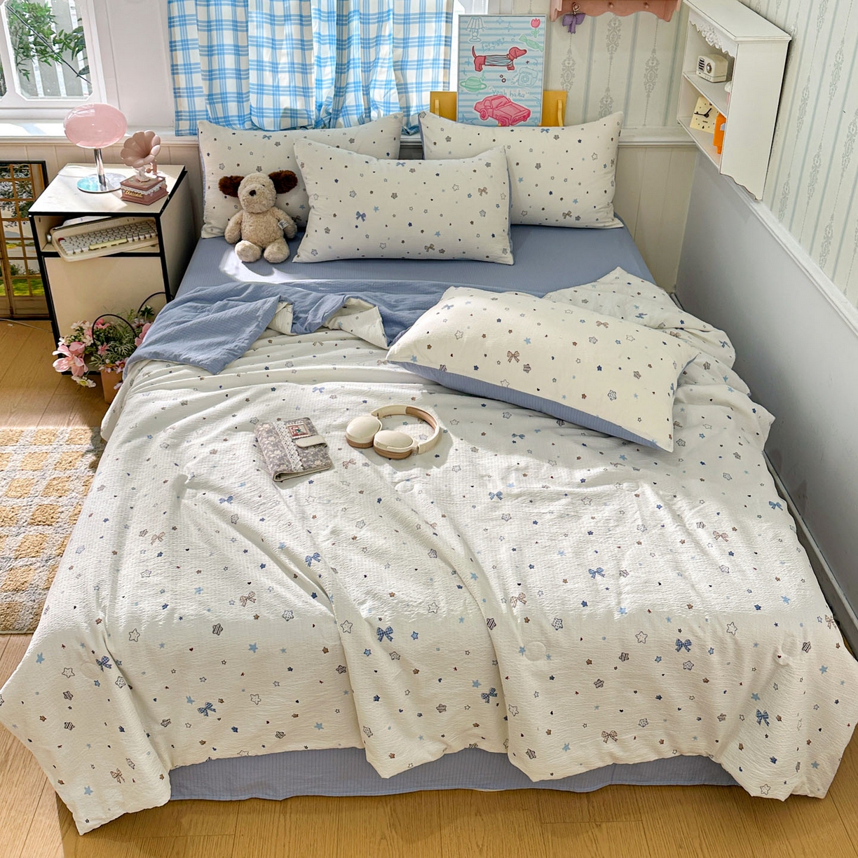 91家纺网 家纺一手货源 找家纺 N先生+V 13814689556 发大图/买家秀 2026春夏新款A类泡芙双层纱夏被系列夏凉被空调被 蓝色星空（夏被）