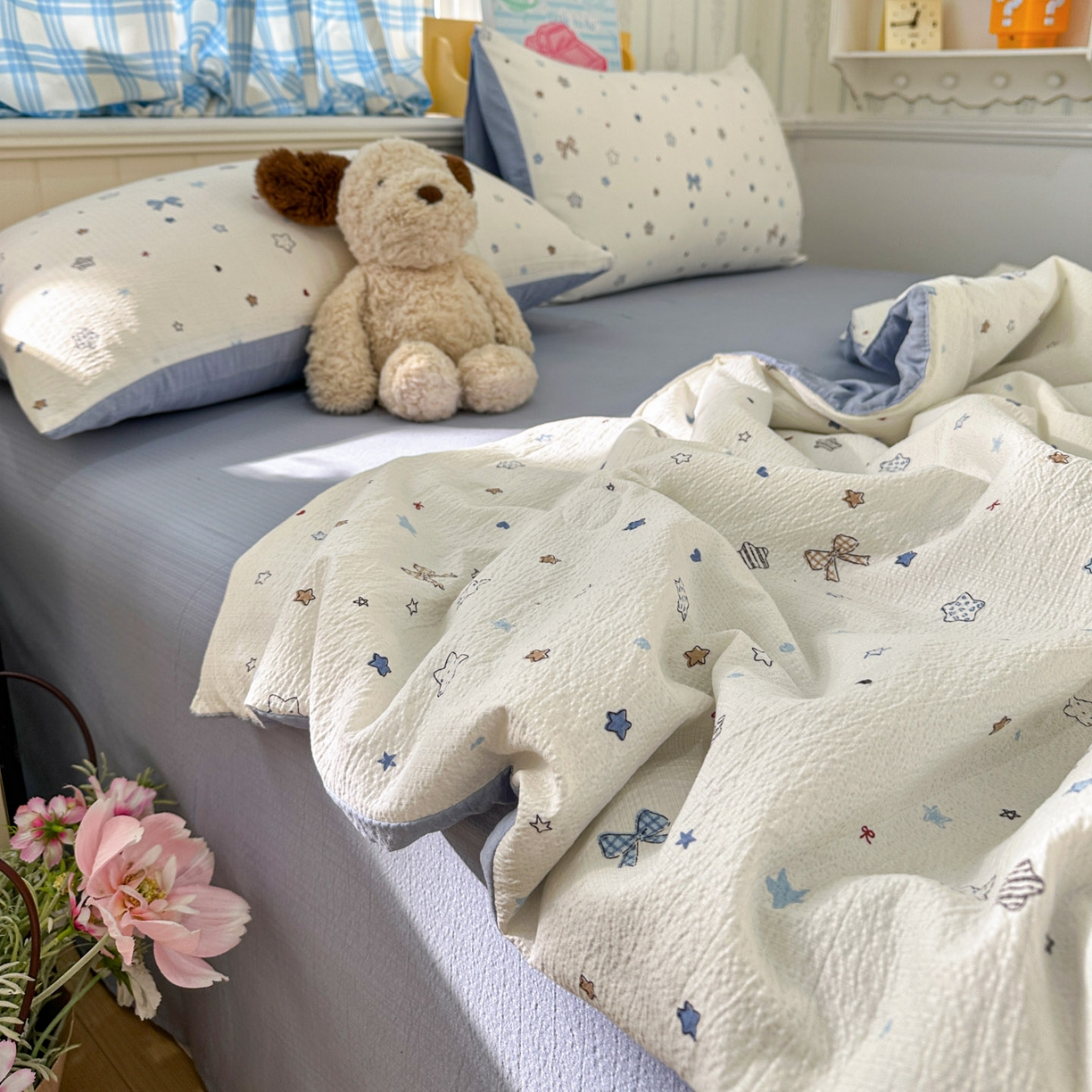 91家纺网 家纺一手货源 找家纺 N先生+V 13814689556 发大图/买家秀 2026春夏新款A类泡芙双层纱夏被系列夏凉被空调被 蓝色星空（夏被）