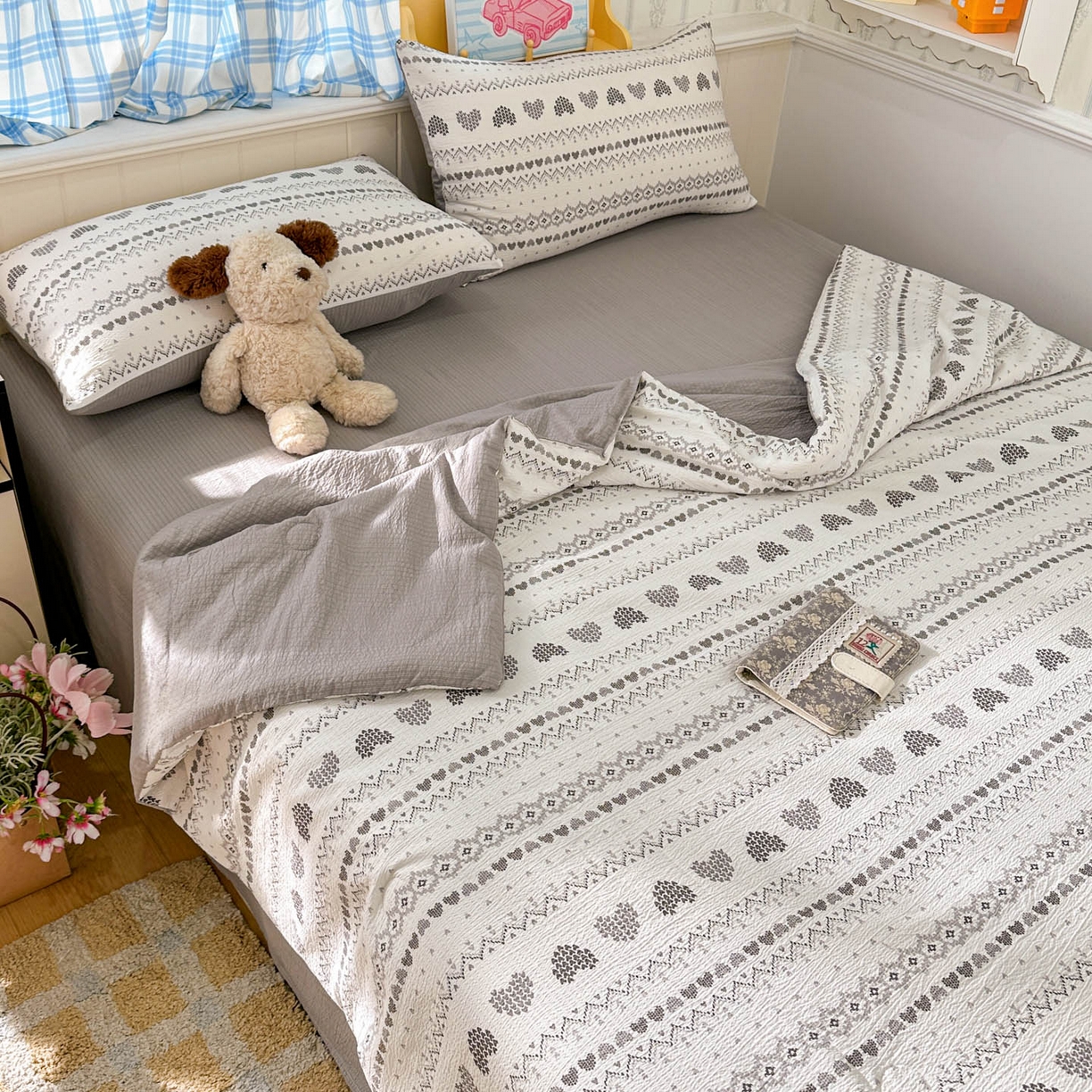 91家纺网 家纺一手货源 找家纺 N先生+V 13814689556 发大图/买家秀 2026春夏新款A类泡芙双层纱夏被系列夏凉被空调被 小确幸（夏被）