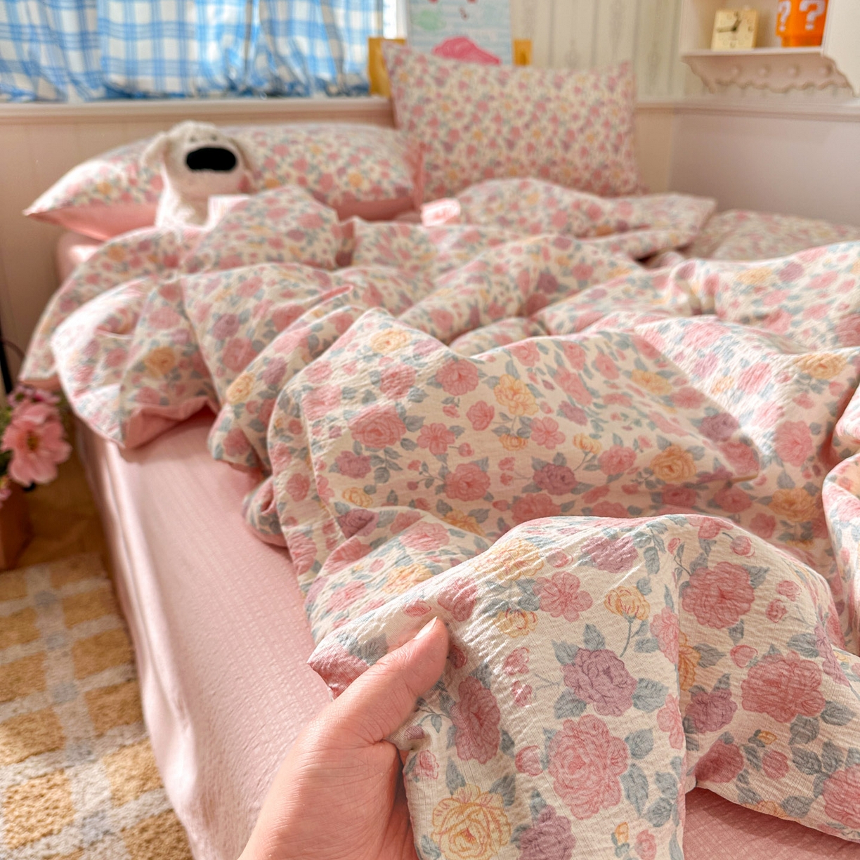 91家纺网 家纺一手货源 找家纺 N先生+V 13814689556 发大图/买家秀 2026春夏新款A类泡芙双层纱夏被系列夏凉被空调被 春风里(夏被）