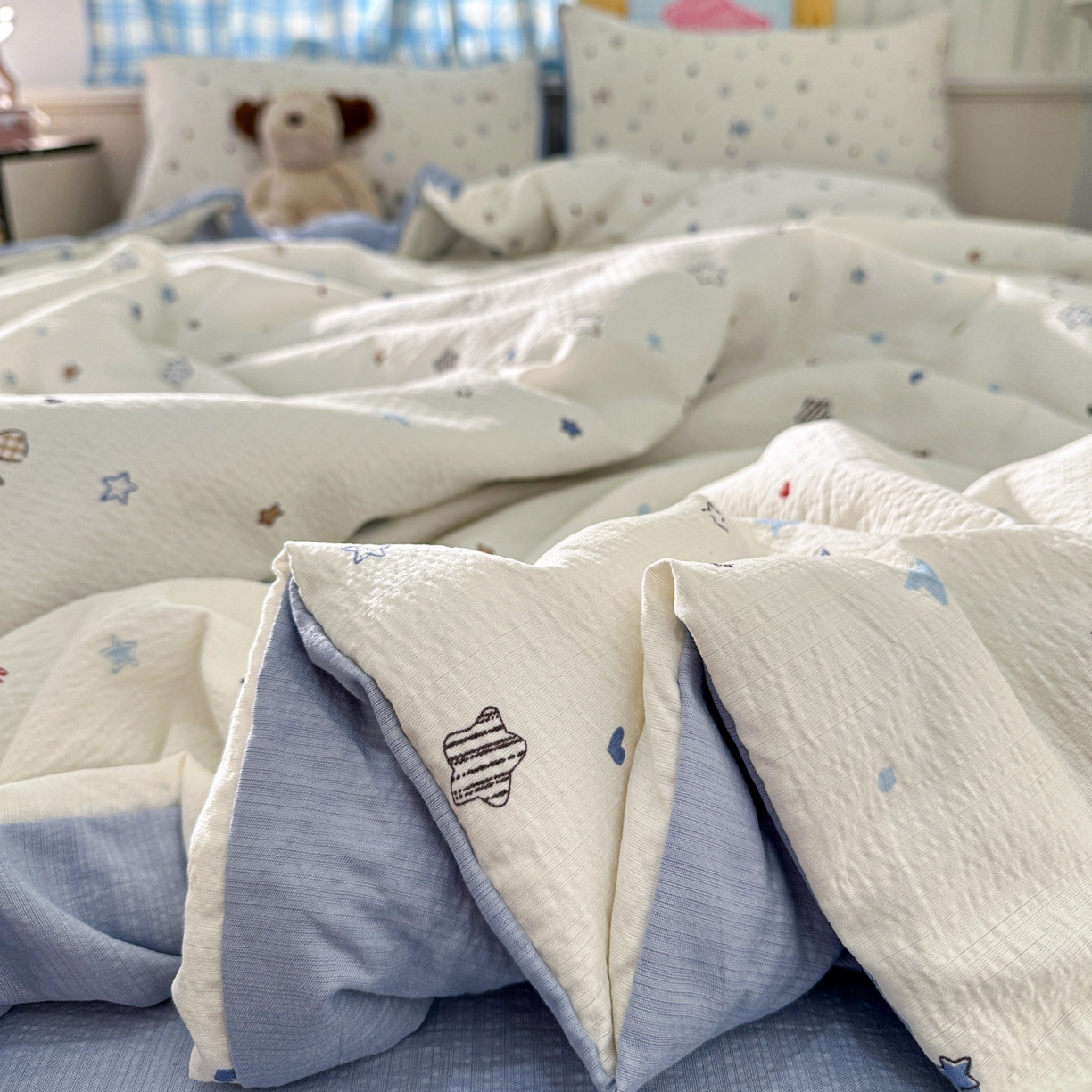 91家纺网 家纺一手货源 找家纺 N先生+V 13814689556 发大图/买家秀 2026春夏新款A类泡芙双层纱夏被系列夏凉被空调被 蓝色星空（夏被）