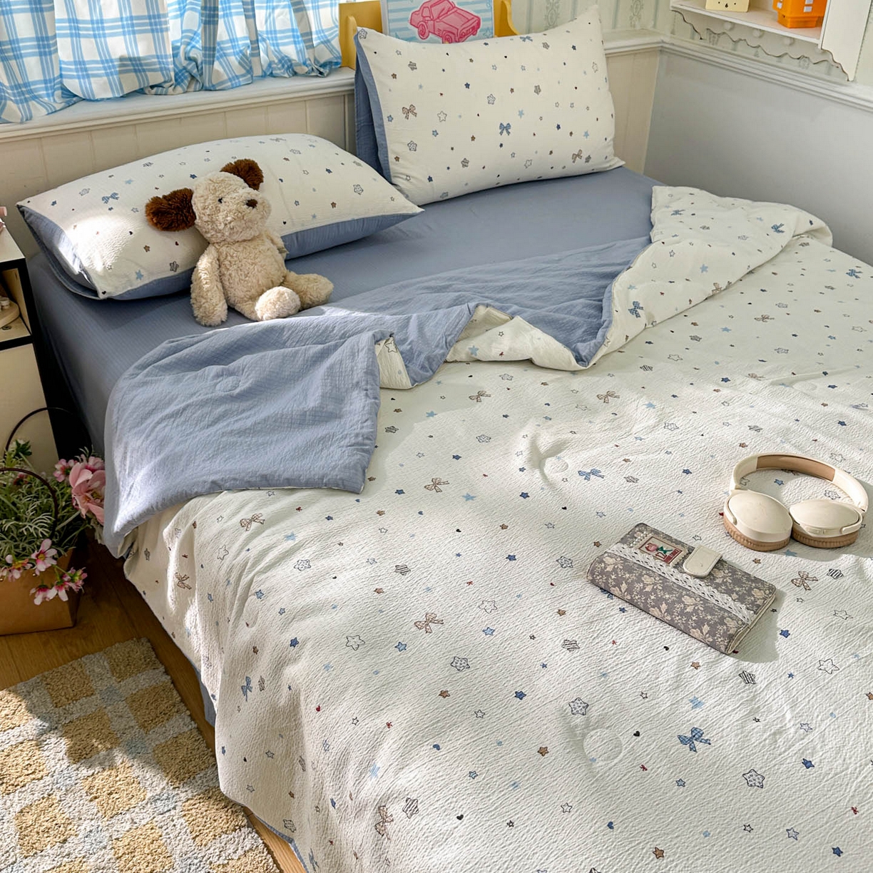 91家纺网 家纺一手货源 找家纺 N先生+V 13814689556 发大图/买家秀 2026春夏新款A类泡芙双层纱夏被系列夏凉被空调被 蓝色星空（夏被）