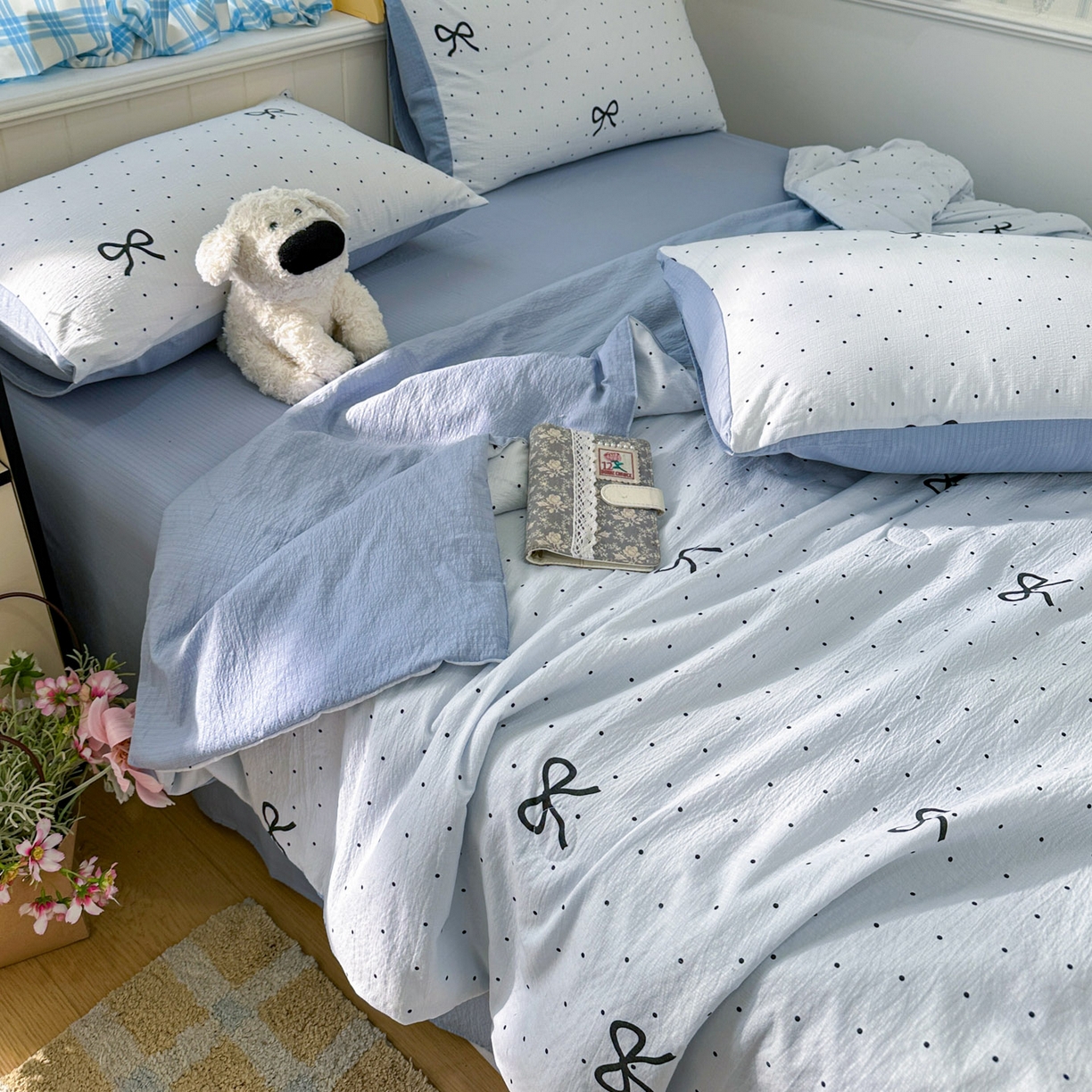 91家纺网 家纺一手货源 找家纺 N先生+V 13814689556 发大图/买家秀 2026春夏新款A类泡芙双层纱夏被系列夏凉被空调被 波点蝴蝶结（夏被）