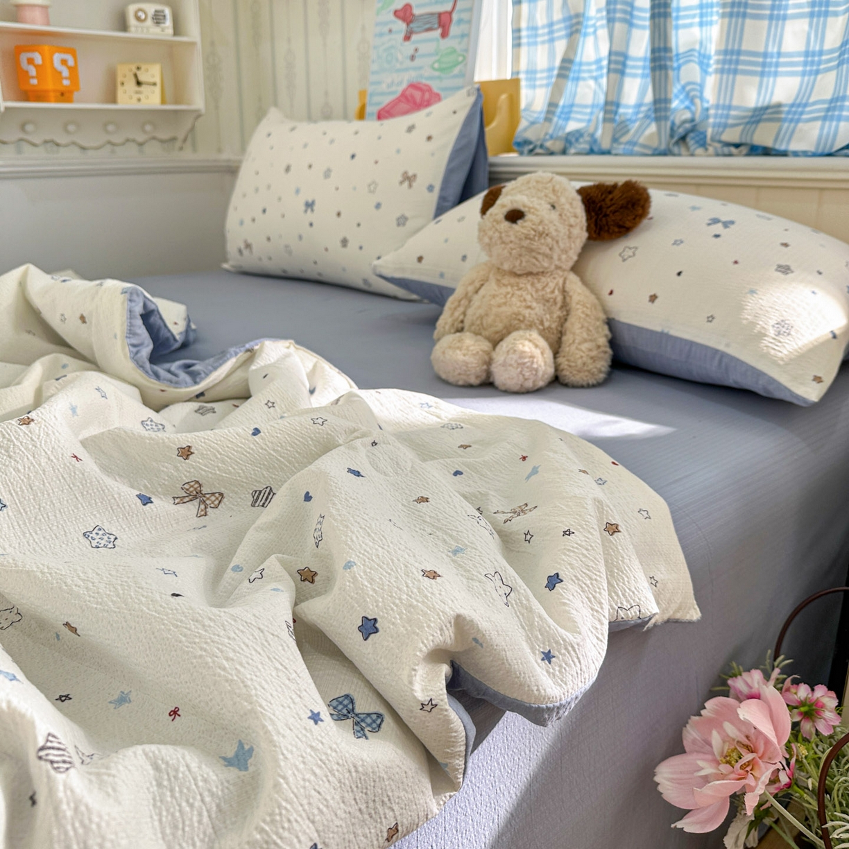 91家纺网 家纺一手货源 找家纺 N先生+V 13814689556 发大图/买家秀 2026春夏新款A类泡芙双层纱夏被系列夏凉被空调被 蓝色星空（夏被）