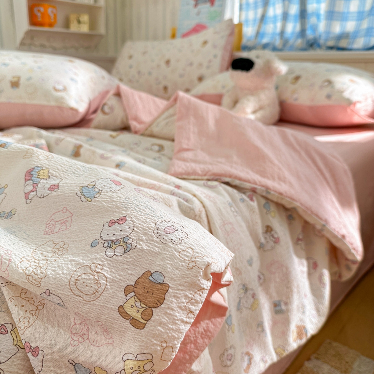 91家纺网 家纺一手货源 找家纺 N先生+V 13814689556 发大图/买家秀 2026春夏新款A类泡芙双层纱夏被系列夏凉被空调被 欢乐猫咪（夏被）