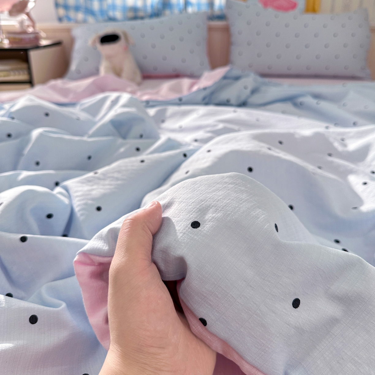 91家纺网 家纺一手货源 找家纺 N先生+V 13814689556 发大图/买家秀 2026春夏新款A类泡芙双层纱夏被系列夏凉被空调被 蓝色波点（夏被）