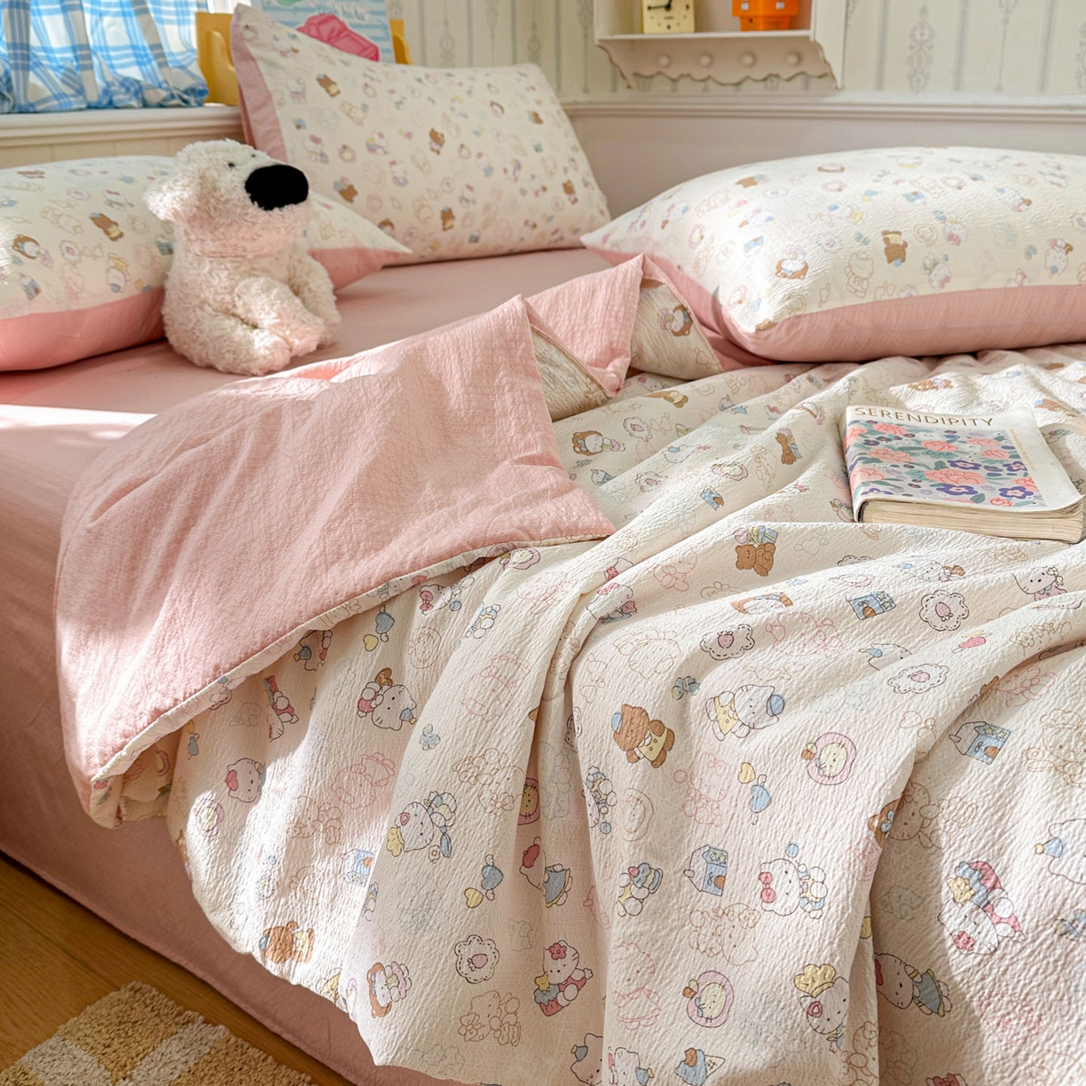 91家纺网 家纺一手货源 找家纺 N先生+V 13814689556 发大图/买家秀 2026春夏新款A类泡芙双层纱夏被系列夏凉被空调被 欢乐猫咪（夏被）