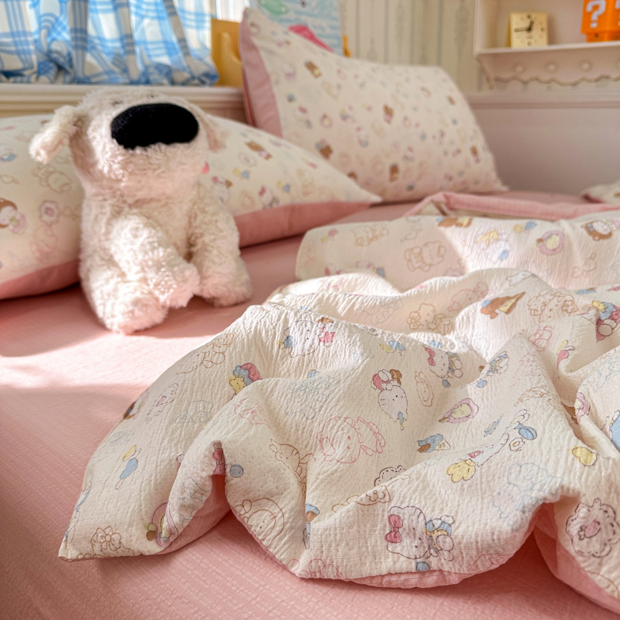 91家纺网 家纺一手货源 找家纺 N先生+V 13814689556 发大图/买家秀 2026春夏新款A类泡芙双层纱夏被系列夏凉被空调被 欢乐猫咪（夏被）