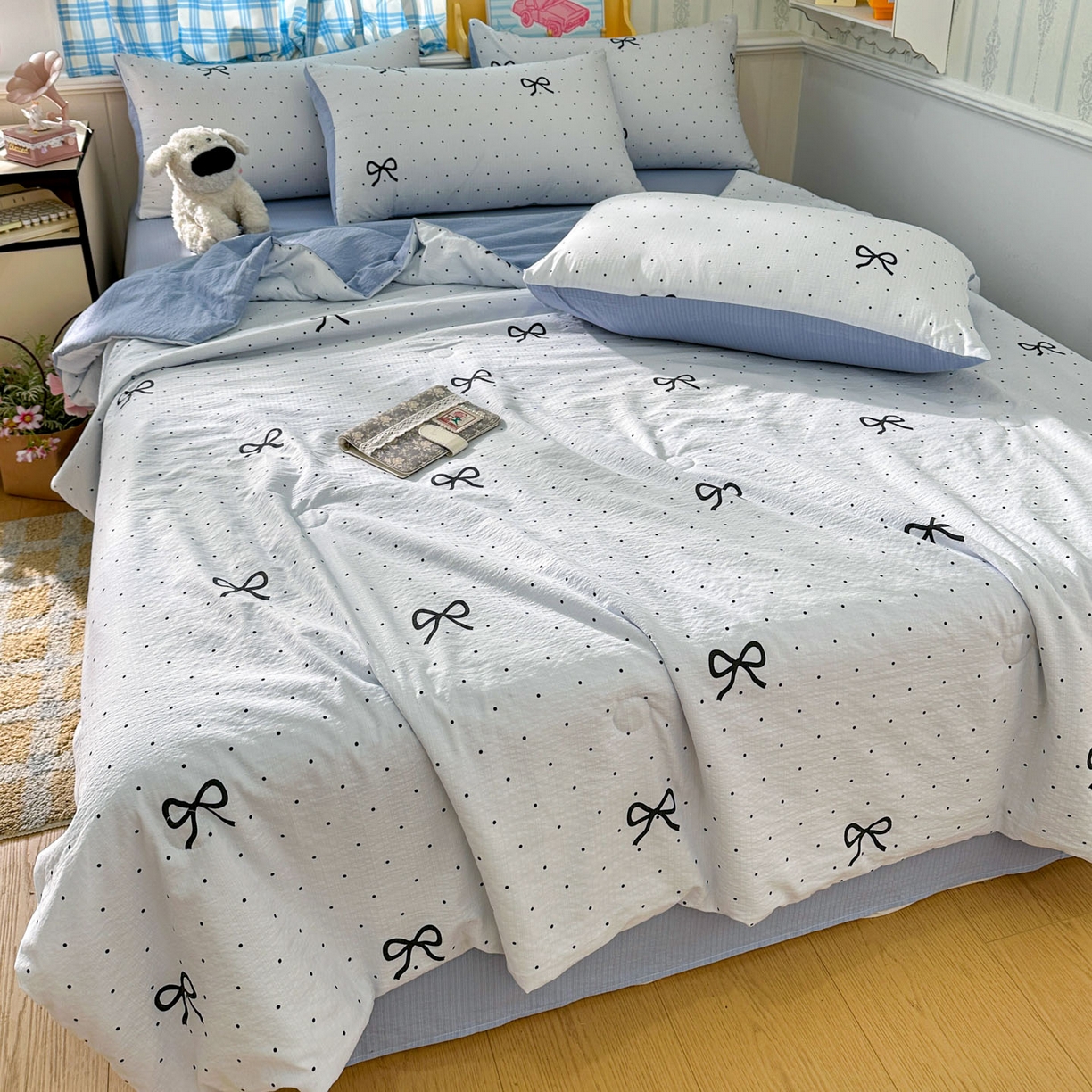 91家纺网 家纺一手货源 找家纺 N先生+V 13814689556 发大图/买家秀 2026春夏新款A类泡芙双层纱夏被系列夏凉被空调被 波点蝴蝶结（夏被）