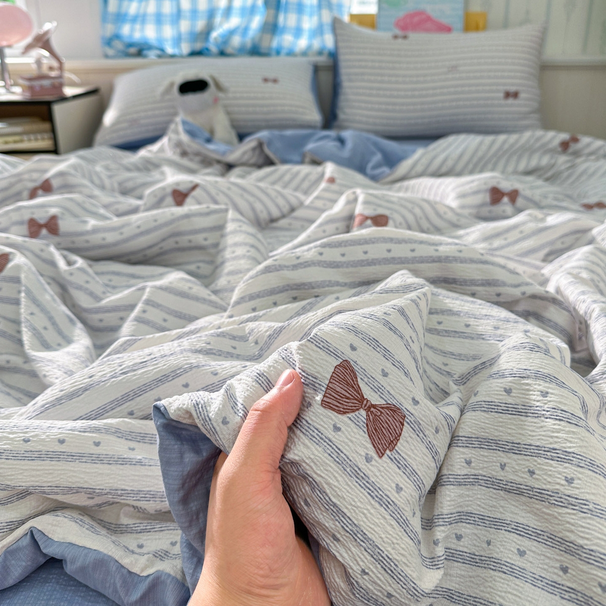 91家纺网 家纺一手货源 找家纺 N先生+V 13814689556 发大图/买家秀 2026春夏新款A类泡芙双层纱夏被系列夏凉被空调被 可颂（夏被）