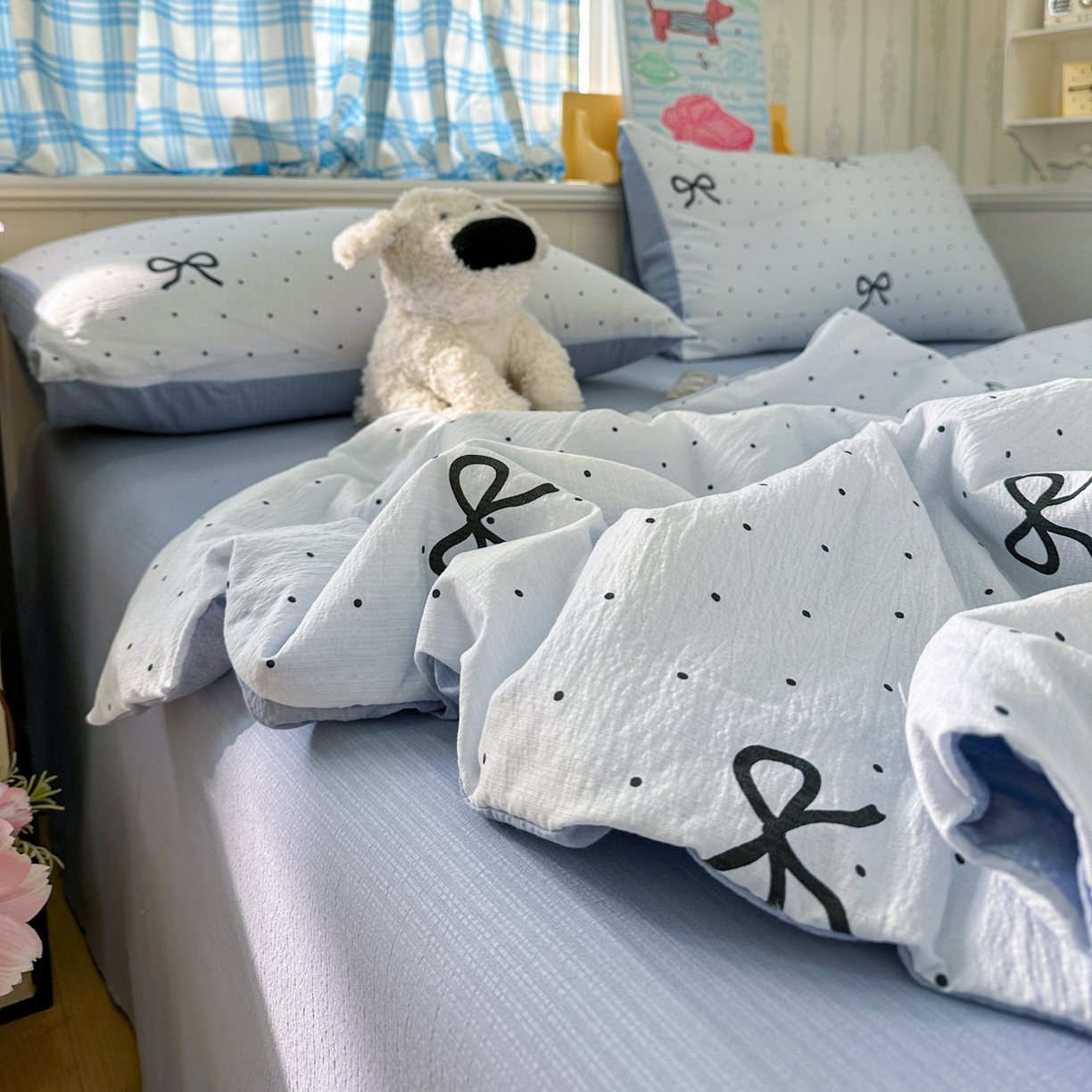 91家纺网 家纺一手货源 找家纺 N先生+V 13814689556 发大图/买家秀 2026春夏新款A类泡芙双层纱夏被系列夏凉被空调被 波点蝴蝶结（夏被）