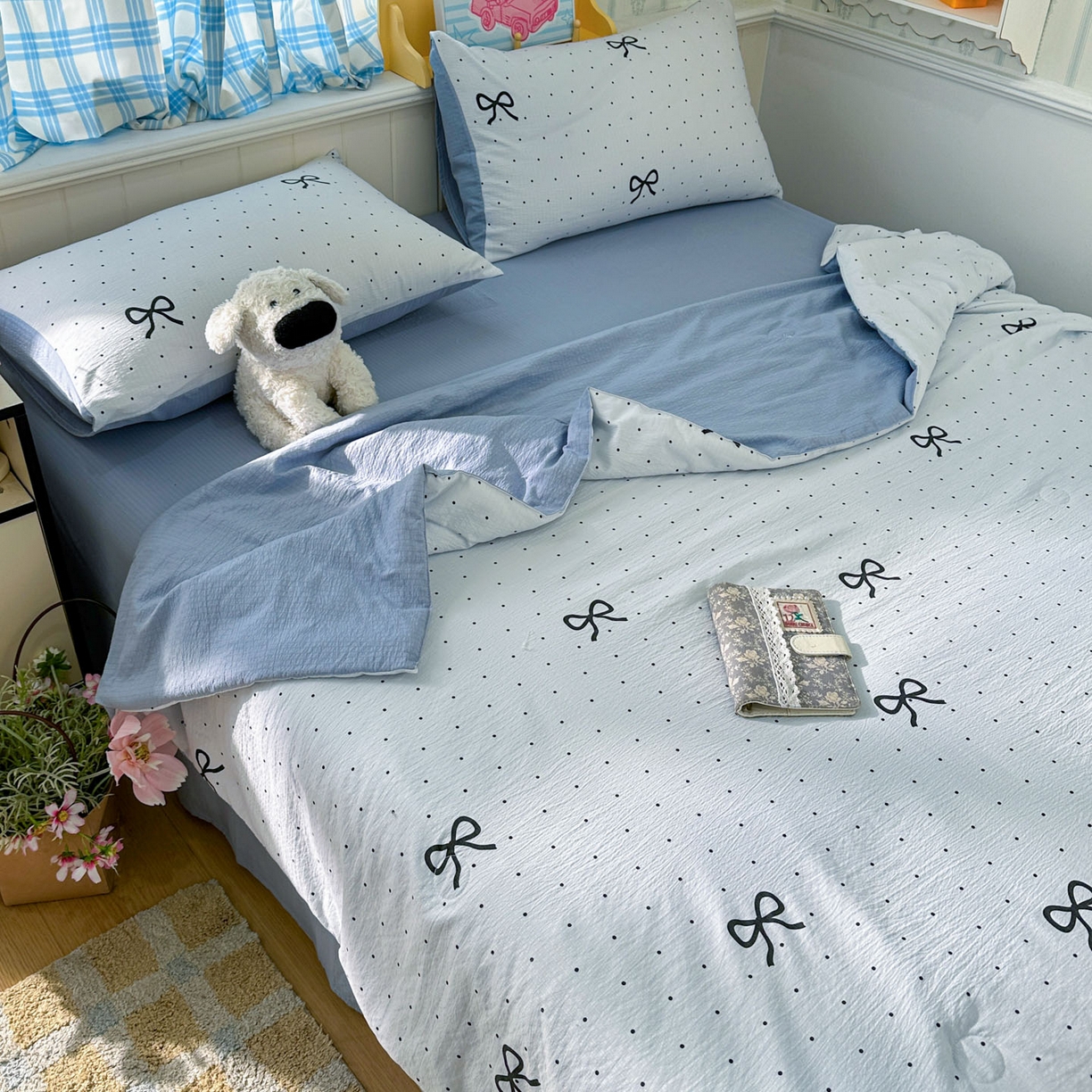 91家纺网 家纺一手货源 找家纺 N先生+V 13814689556 发大图/买家秀 2026春夏新款A类泡芙双层纱夏被系列夏凉被空调被 波点蝴蝶结（夏被）