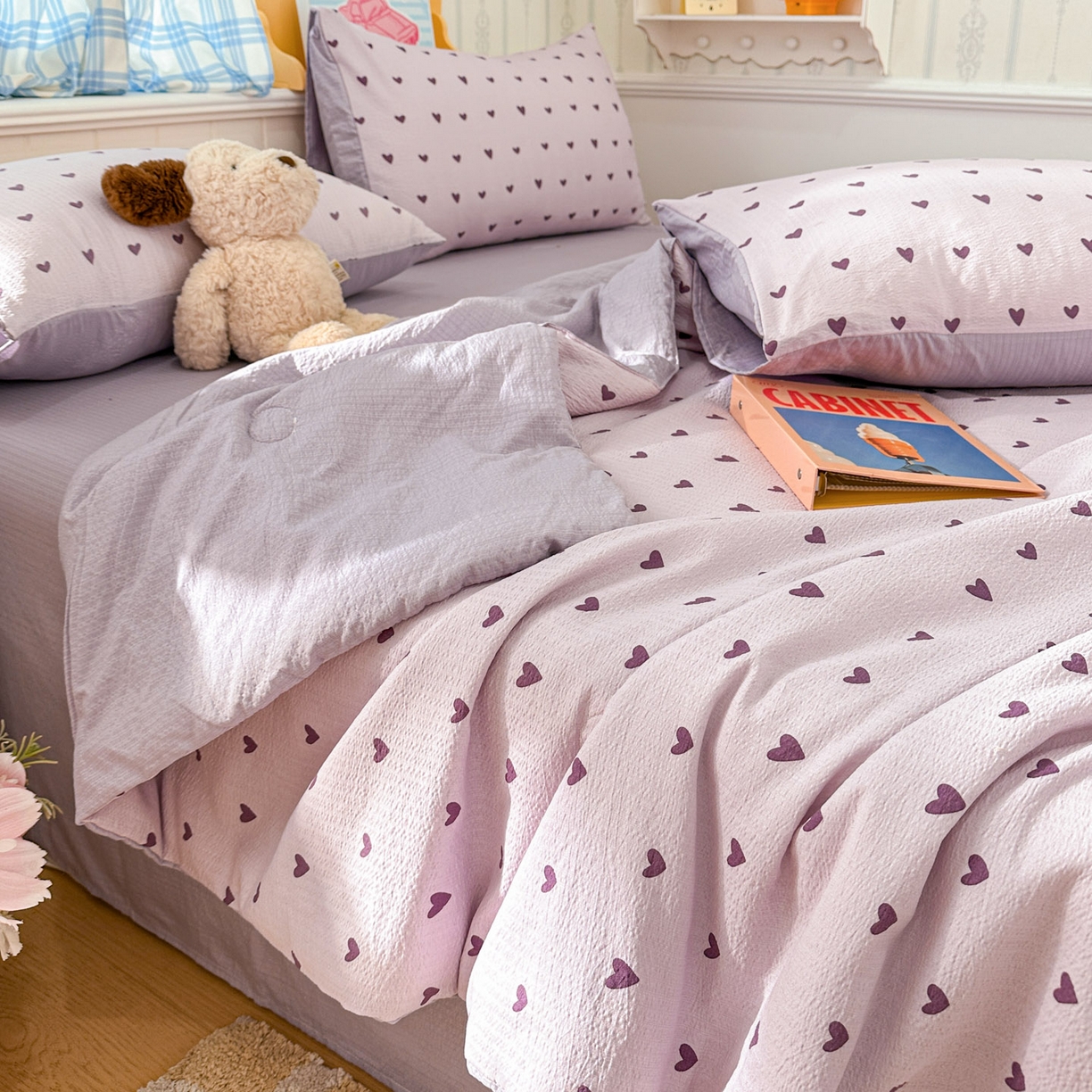 91家纺网 家纺一手货源 找家纺 N先生+V 13814689556 发大图/买家秀 2026春夏新款A类泡芙双层纱夏被系列夏凉被空调被 紫色心情（夏被）