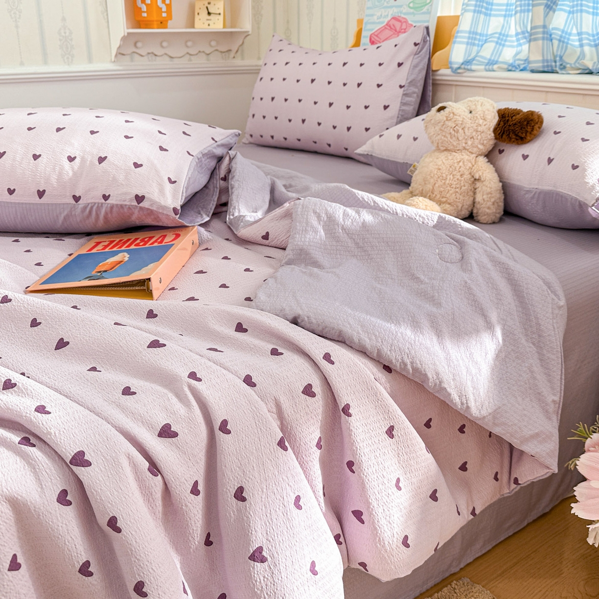 91家纺网 家纺一手货源 找家纺 N先生+V 13814689556 发大图/买家秀 2026春夏新款A类泡芙双层纱夏被系列夏凉被空调被 紫色心情（夏被）