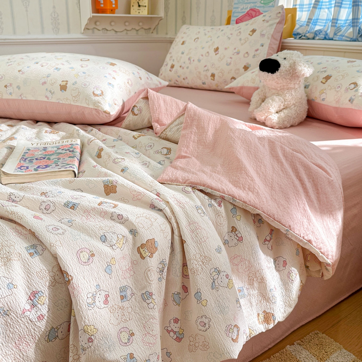 91家纺网 家纺一手货源 找家纺 N先生+V 13814689556 发大图/买家秀 2026春夏新款A类泡芙双层纱夏被系列夏凉被空调被 欢乐猫咪（夏被）