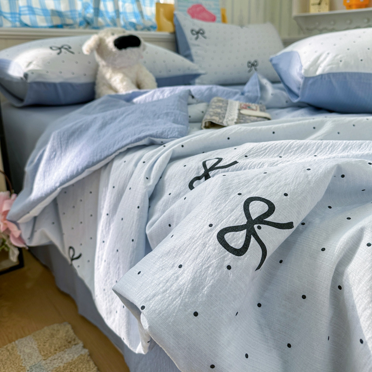 91家纺网 家纺一手货源 找家纺 N先生+V 13814689556 发大图/买家秀 2026春夏新款A类泡芙双层纱夏被系列夏凉被空调被 波点蝴蝶结（夏被）