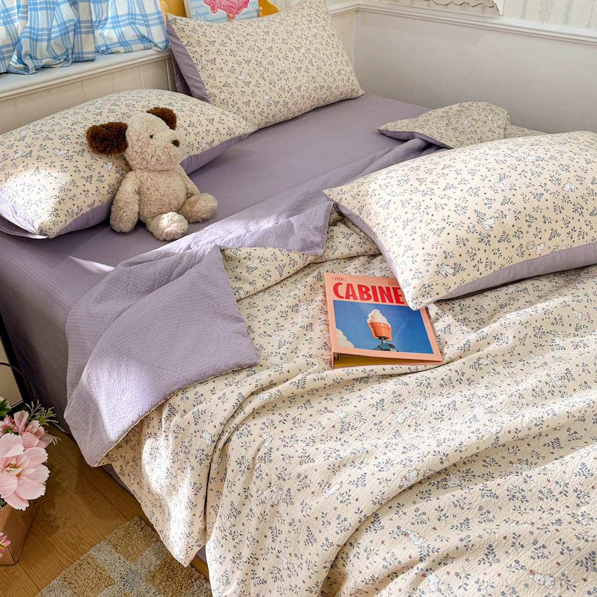 91家纺网 家纺一手货源 找家纺 N先生+V 13814689556 发大图/买家秀 2026春夏新款A类泡芙双层纱夏被系列夏凉被空调被 花园兔（夏被）