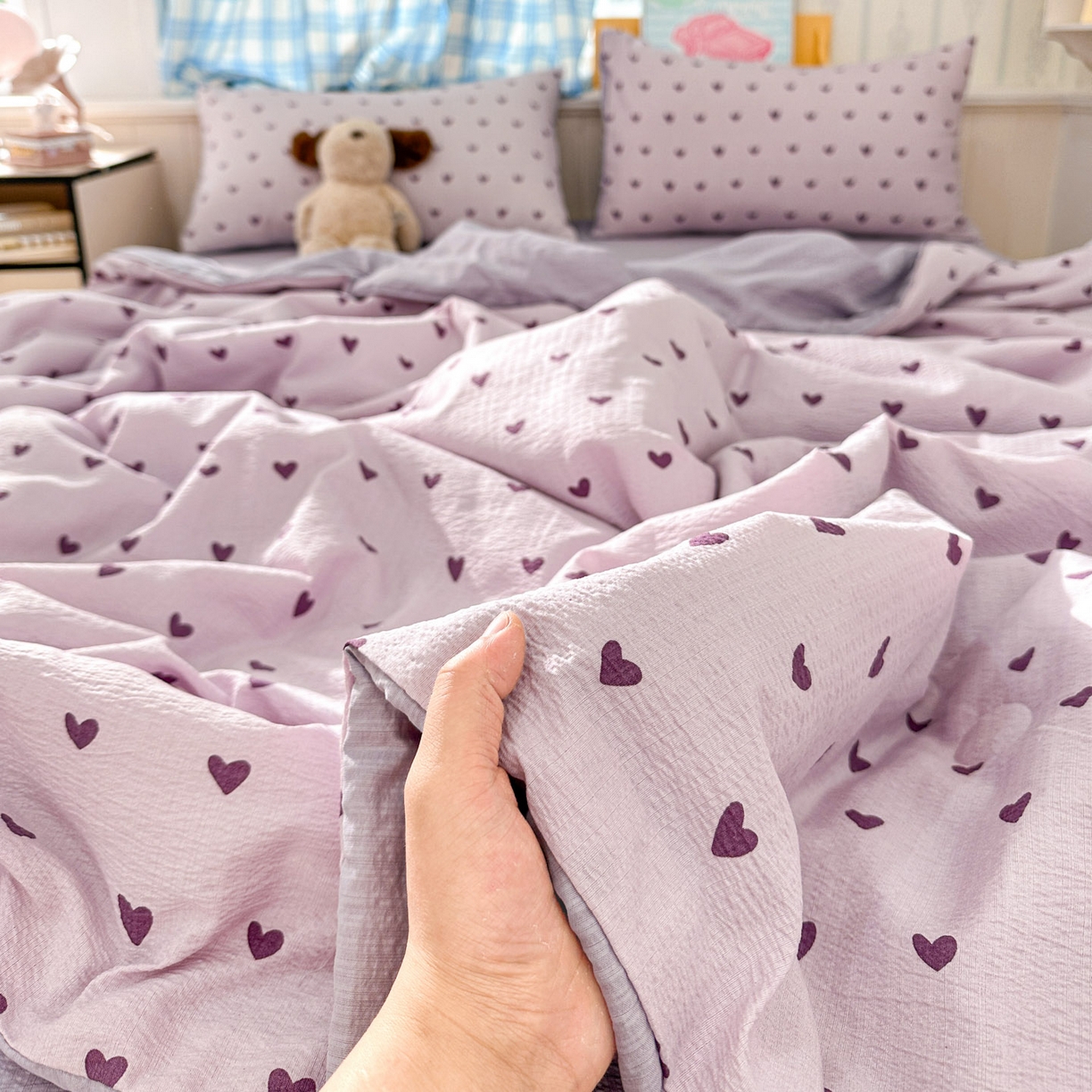 91家纺网 家纺一手货源 找家纺 N先生+V 13814689556 发大图/买家秀 2026春夏新款A类泡芙双层纱夏被系列夏凉被空调被 紫色心情（夏被）