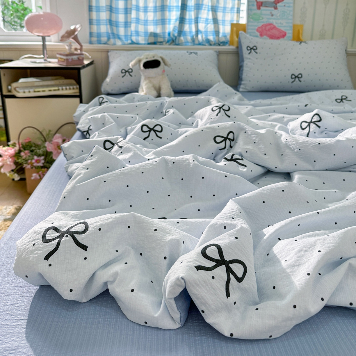 91家纺网 家纺一手货源 找家纺 N先生+V 13814689556 发大图/买家秀 2026春夏新款A类泡芙双层纱夏被系列夏凉被空调被 波点蝴蝶结（夏被）