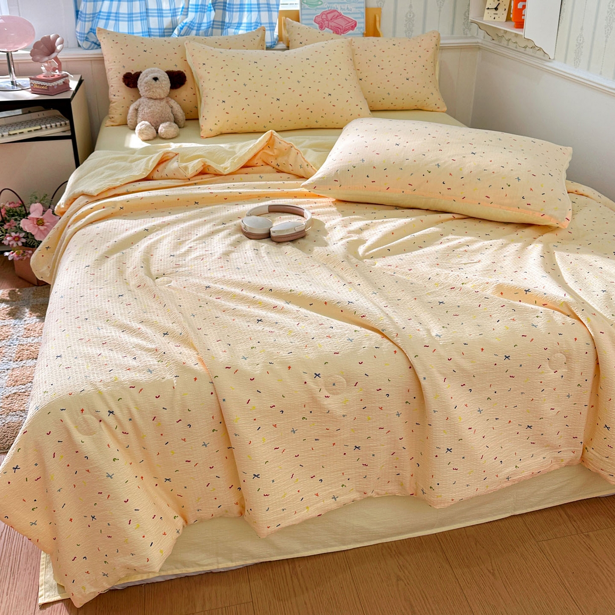 91家纺网 家纺一手货源 找家纺 N先生+V 13814689556 发大图/买家秀 2026春夏新款A类泡芙双层纱夏被系列夏凉被空调被 冰激凌（夏被）