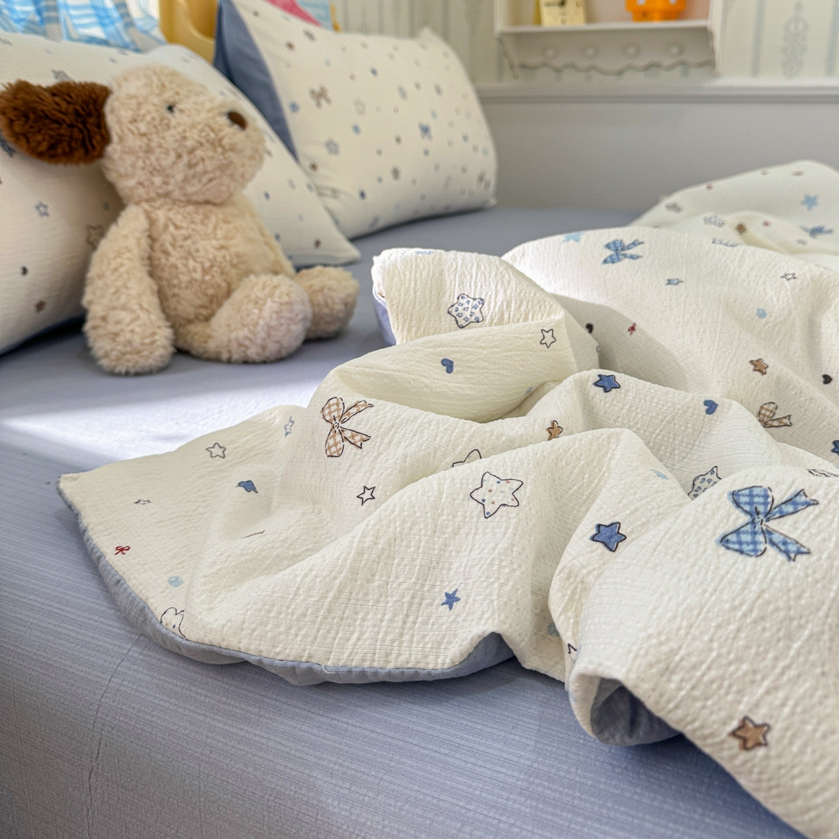 91家纺网 家纺一手货源 找家纺 N先生+V 13814689556 发大图/买家秀 2026春夏新款A类泡芙双层纱夏被系列夏凉被空调被 蓝色星空（夏被）