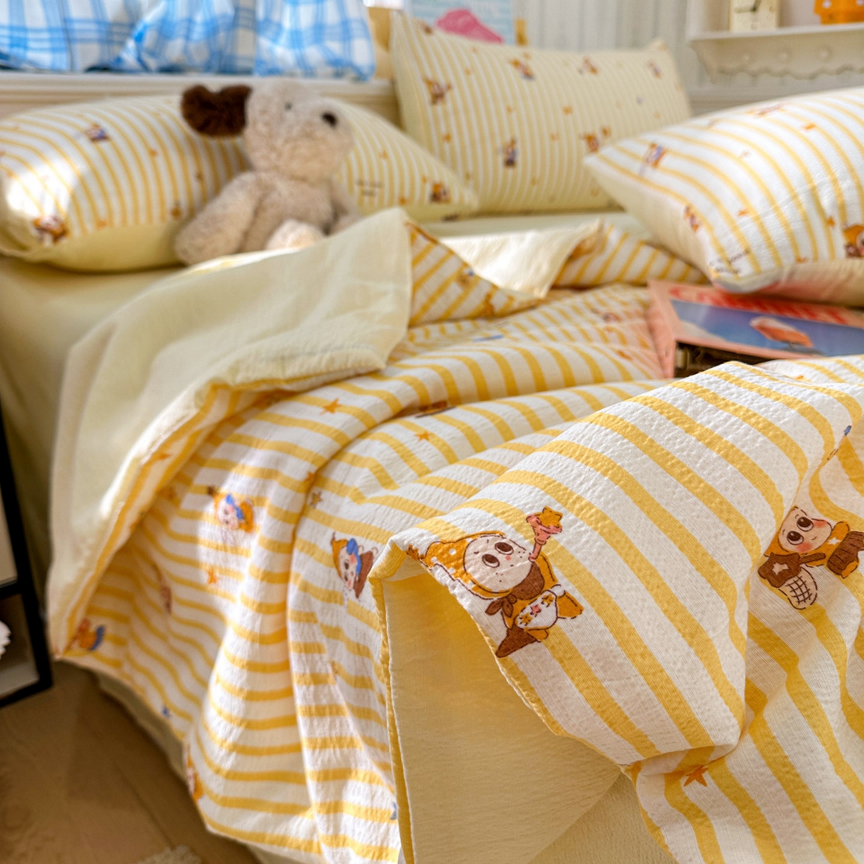 91家纺网 家纺一手货源 找家纺 N先生+V 13814689556 发大图/买家秀 2026春夏新款A类泡芙双层纱夏被系列夏凉被空调被 可爱萌星（夏被）