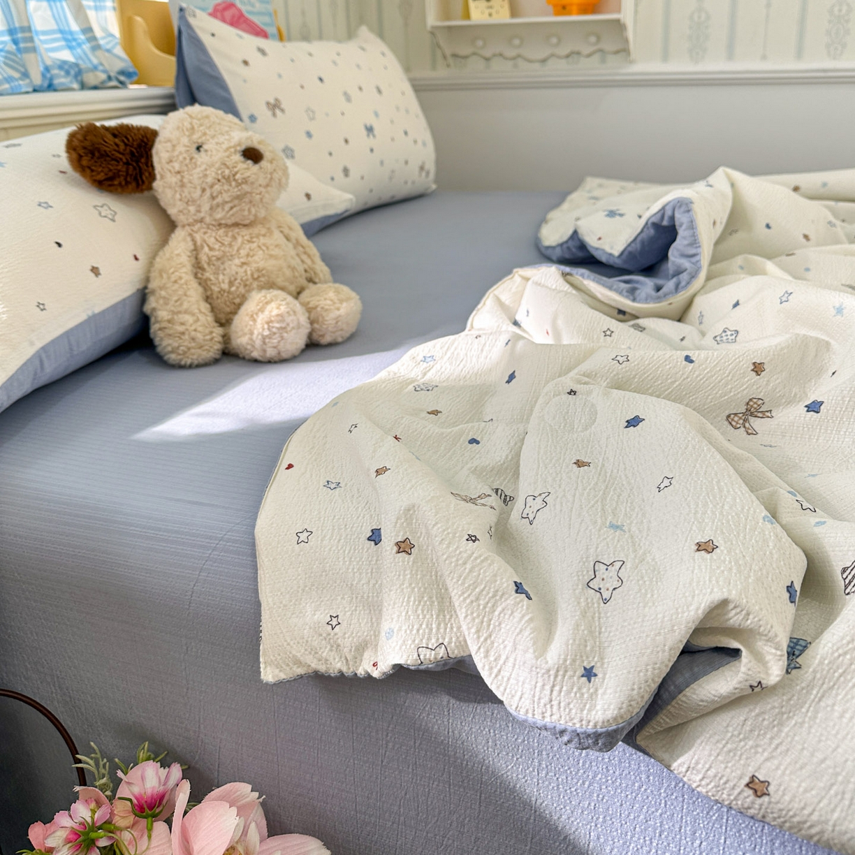 91家纺网 家纺一手货源 找家纺 N先生+V 13814689556 发大图/买家秀 2026春夏新款A类泡芙双层纱夏被系列夏凉被空调被 蓝色星空（夏被）