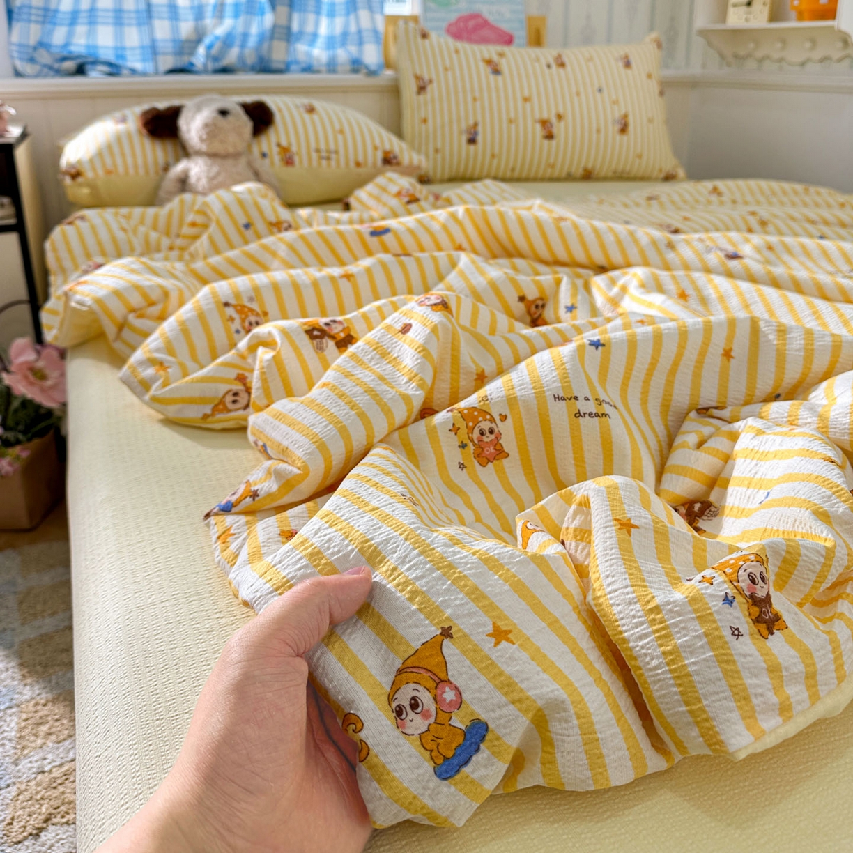 91家纺网 家纺一手货源 找家纺 N先生+V 13814689556 发大图/买家秀 2026春夏新款A类泡芙双层纱夏被系列夏凉被空调被 可爱萌星（夏被）