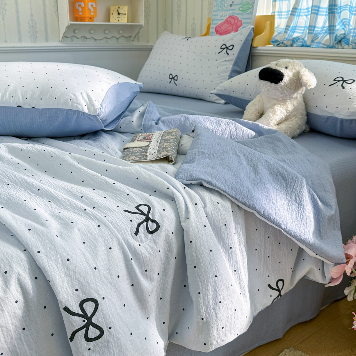 91家纺网 家纺一手货源 找家纺 N先生+V 13814689556 发大图/买家秀 2026春夏新款A类泡芙双层纱夏被系列夏凉被空调被 波点蝴蝶结（夏被）