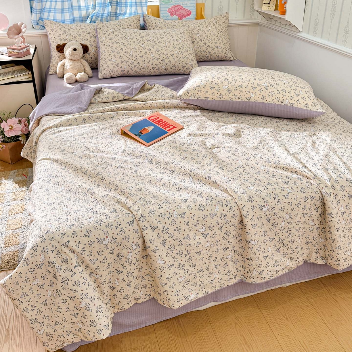 91家纺网 家纺一手货源 找家纺 N先生+V 13814689556 发大图/买家秀 2026春夏新款A类泡芙双层纱夏被系列夏凉被空调被 花园兔（夏被）