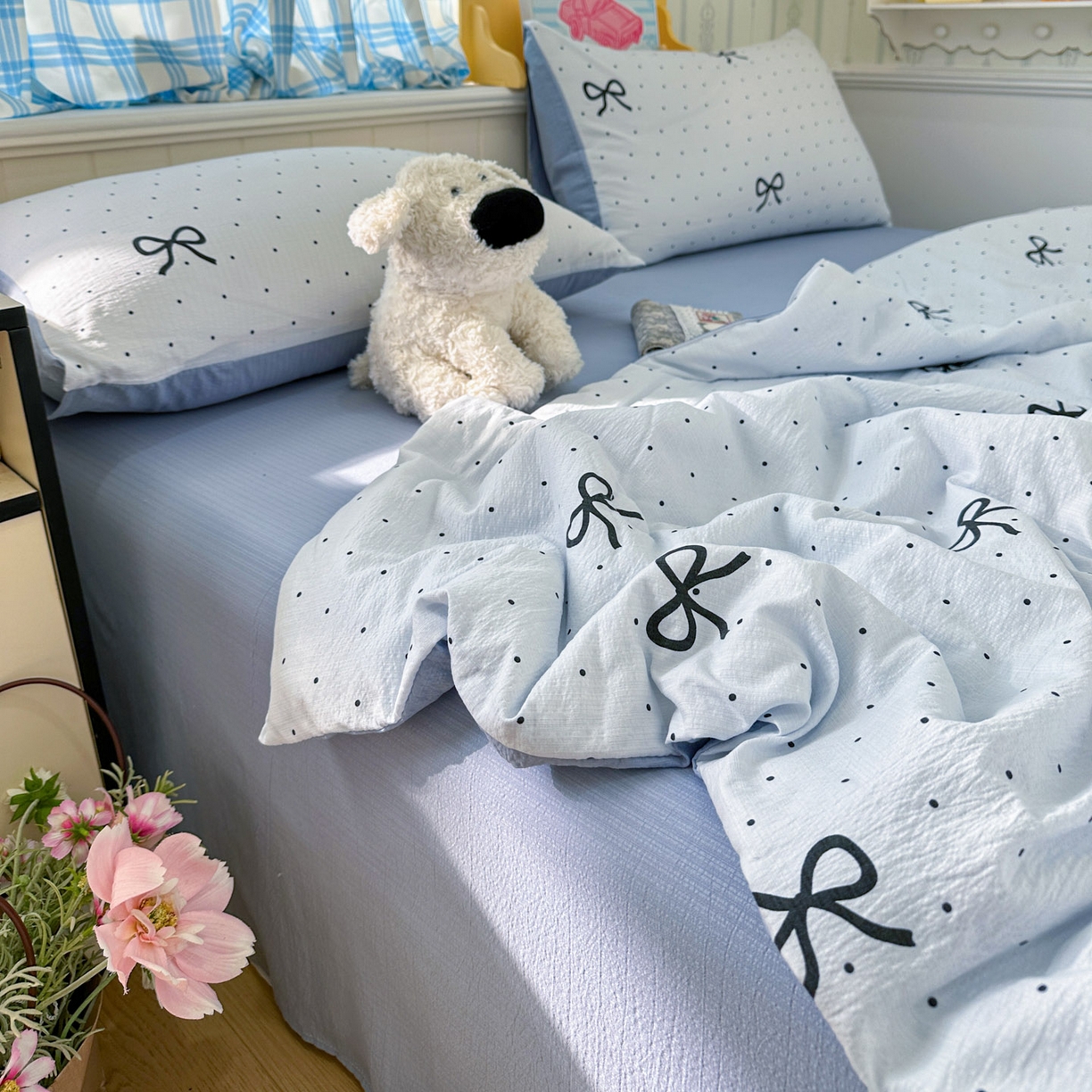 91家纺网 家纺一手货源 找家纺 N先生+V 13814689556 发大图/买家秀 2026春夏新款A类泡芙双层纱夏被系列夏凉被空调被 波点蝴蝶结（夏被）