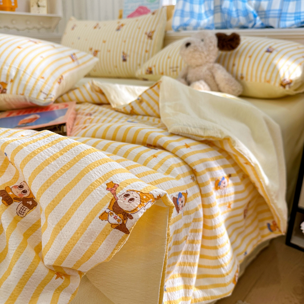 91家纺网 家纺一手货源 找家纺 N先生+V 13814689556 发大图/买家秀 2026春夏新款A类泡芙双层纱夏被系列夏凉被空调被 可爱萌星（夏被）