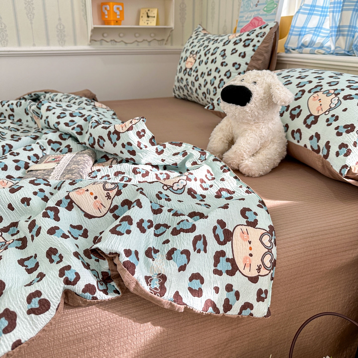 91家纺网 家纺一手货源 找家纺 N先生+V 13814689556 发大图/买家秀 2026春夏新款A类泡芙双层纱夏被系列夏凉被空调被 豹纹猫咪(夏被）