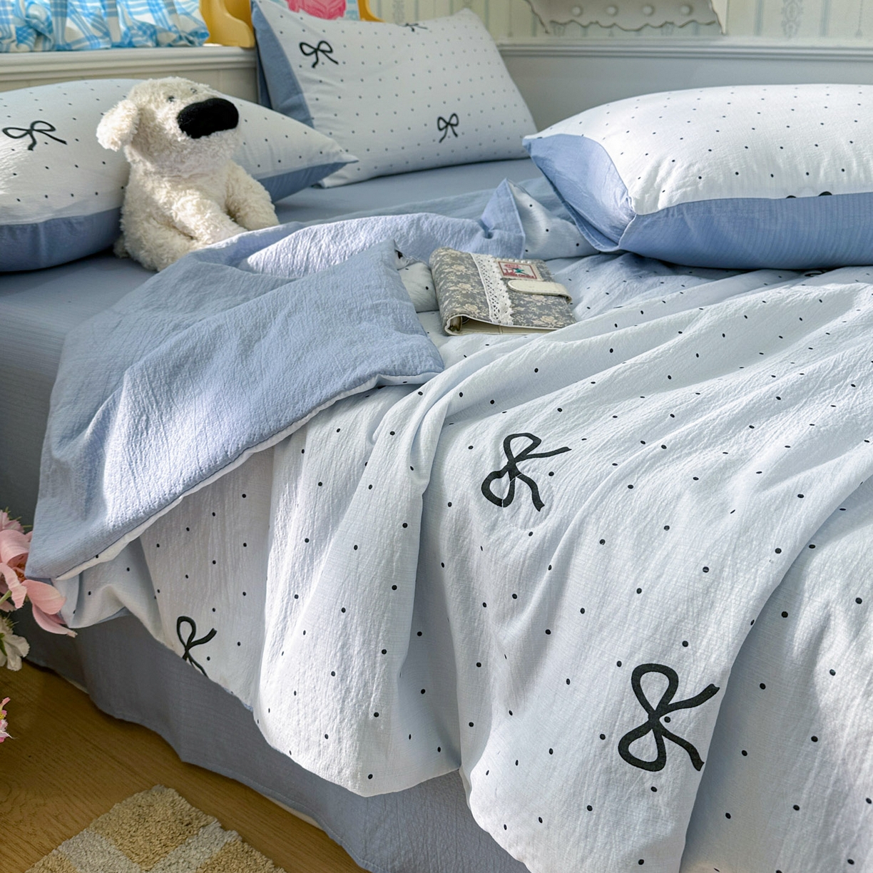 91家纺网 家纺一手货源 找家纺 N先生+V 13814689556 发大图/买家秀 2026春夏新款A类泡芙双层纱夏被系列夏凉被空调被 波点蝴蝶结（夏被）