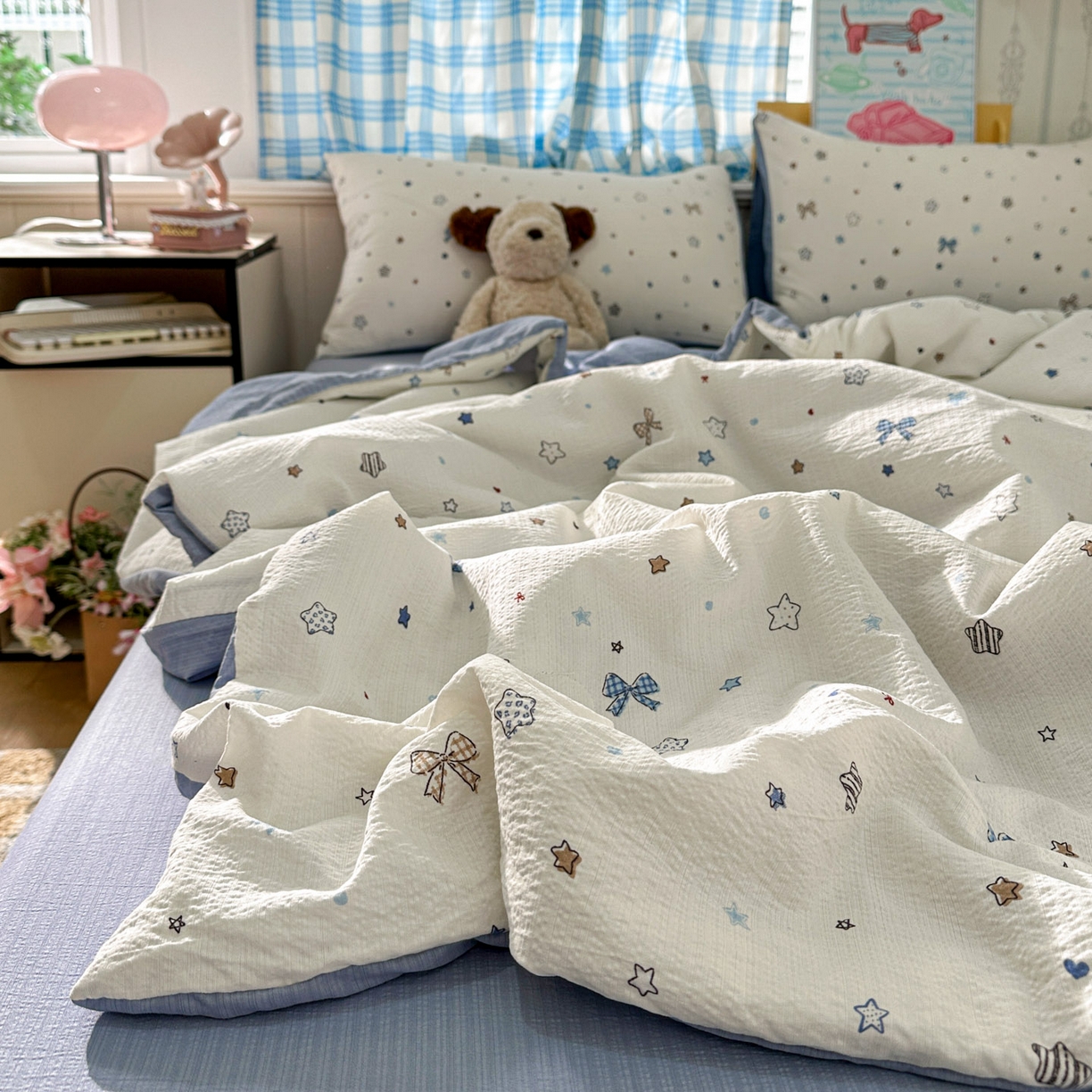 91家纺网 家纺一手货源 找家纺 N先生+V 13814689556 发大图/买家秀 2026春夏新款A类泡芙双层纱夏被系列夏凉被空调被 蓝色星空（夏被）