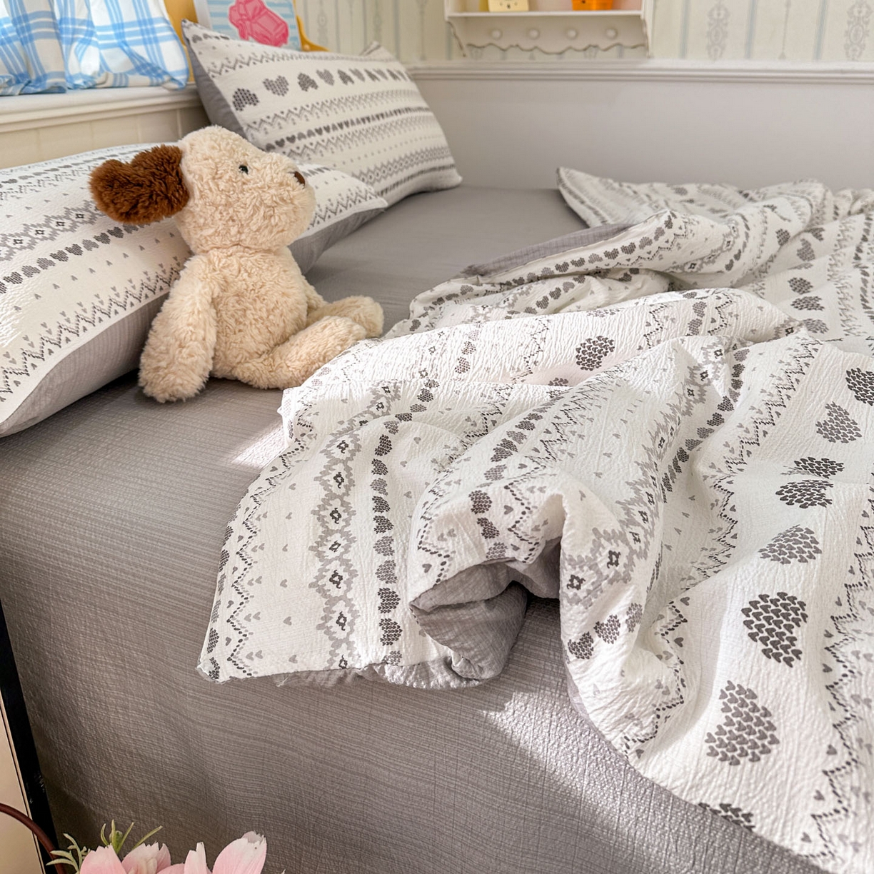 91家纺网 家纺一手货源 找家纺 N先生+V 13814689556 发大图/买家秀 2026春夏新款A类泡芙双层纱夏被系列夏凉被空调被 小确幸（夏被）