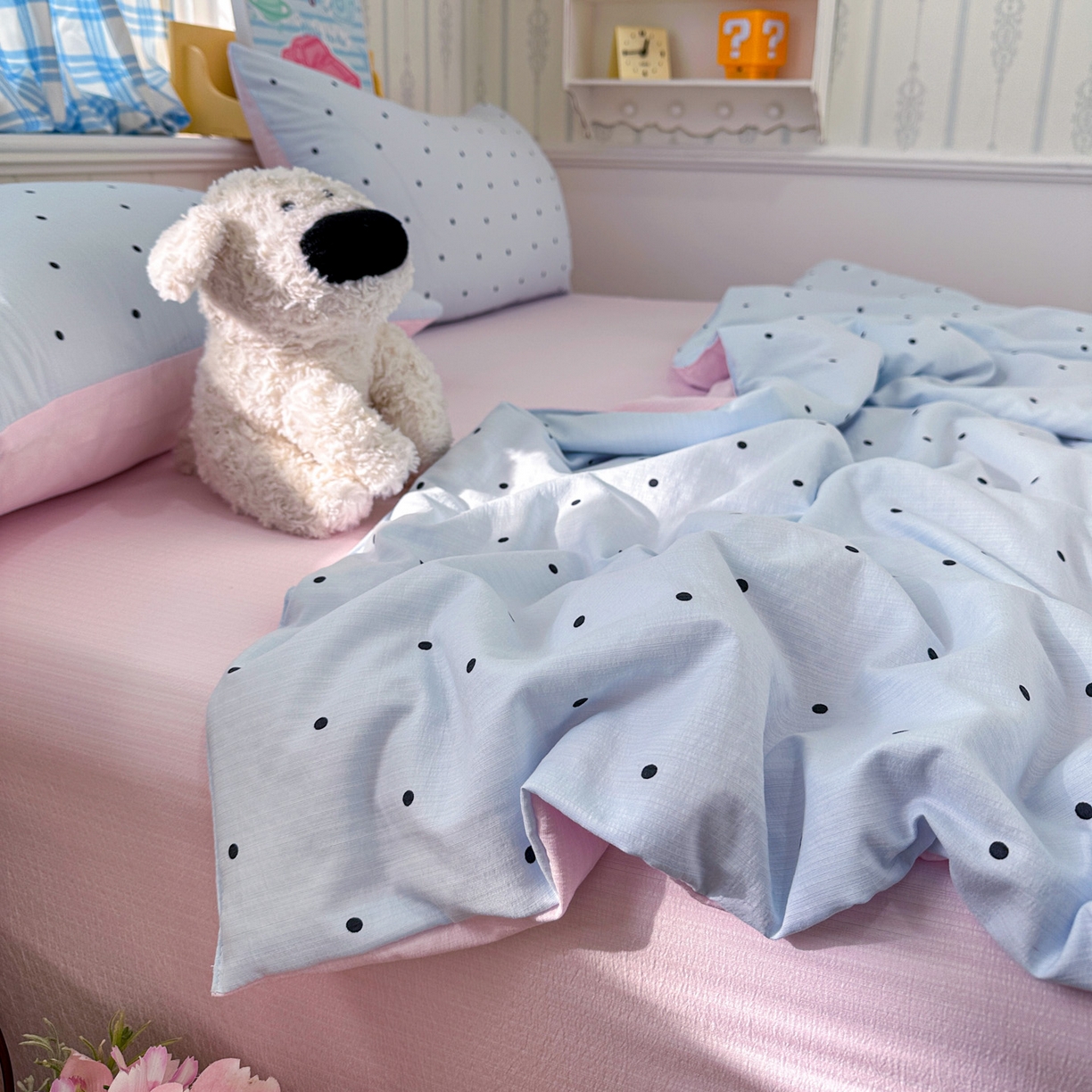 91家纺网 家纺一手货源 找家纺 N先生+V 13814689556 发大图/买家秀 2026春夏新款A类泡芙双层纱夏被系列夏凉被空调被 蓝色波点（夏被）