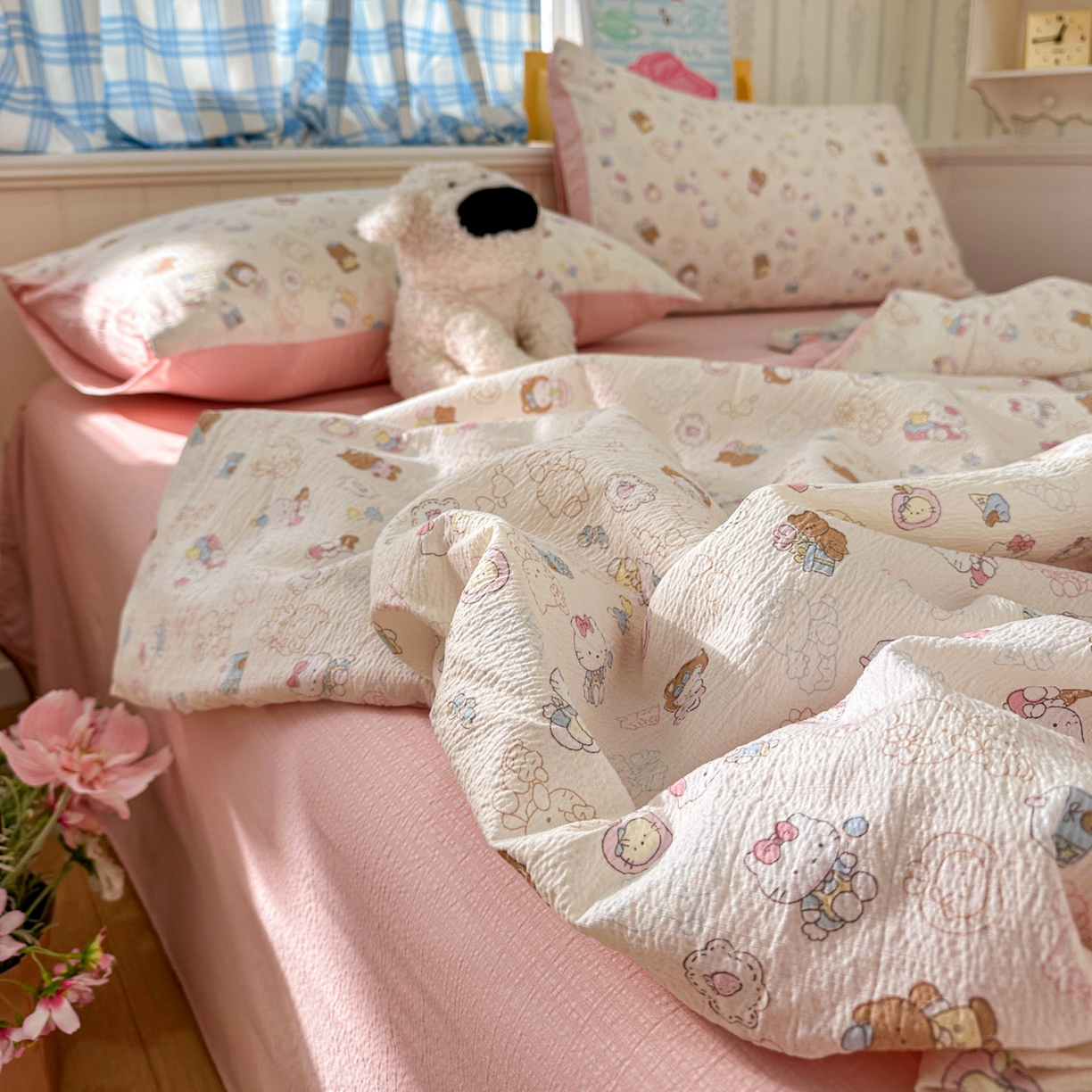 91家纺网 家纺一手货源 找家纺 N先生+V 13814689556 发大图/买家秀 2026春夏新款A类泡芙双层纱夏被系列夏凉被空调被 欢乐猫咪（夏被）