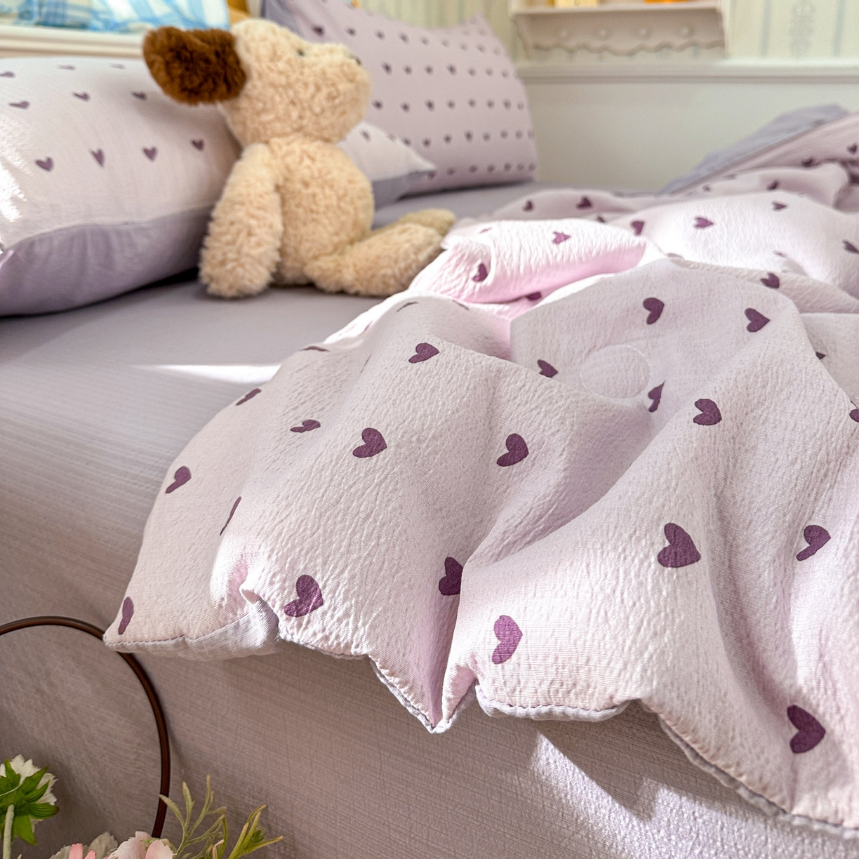 91家纺网 家纺一手货源 找家纺 N先生+V 13814689556 发大图/买家秀 2026春夏新款A类泡芙双层纱夏被系列夏凉被空调被 紫色心情（夏被）