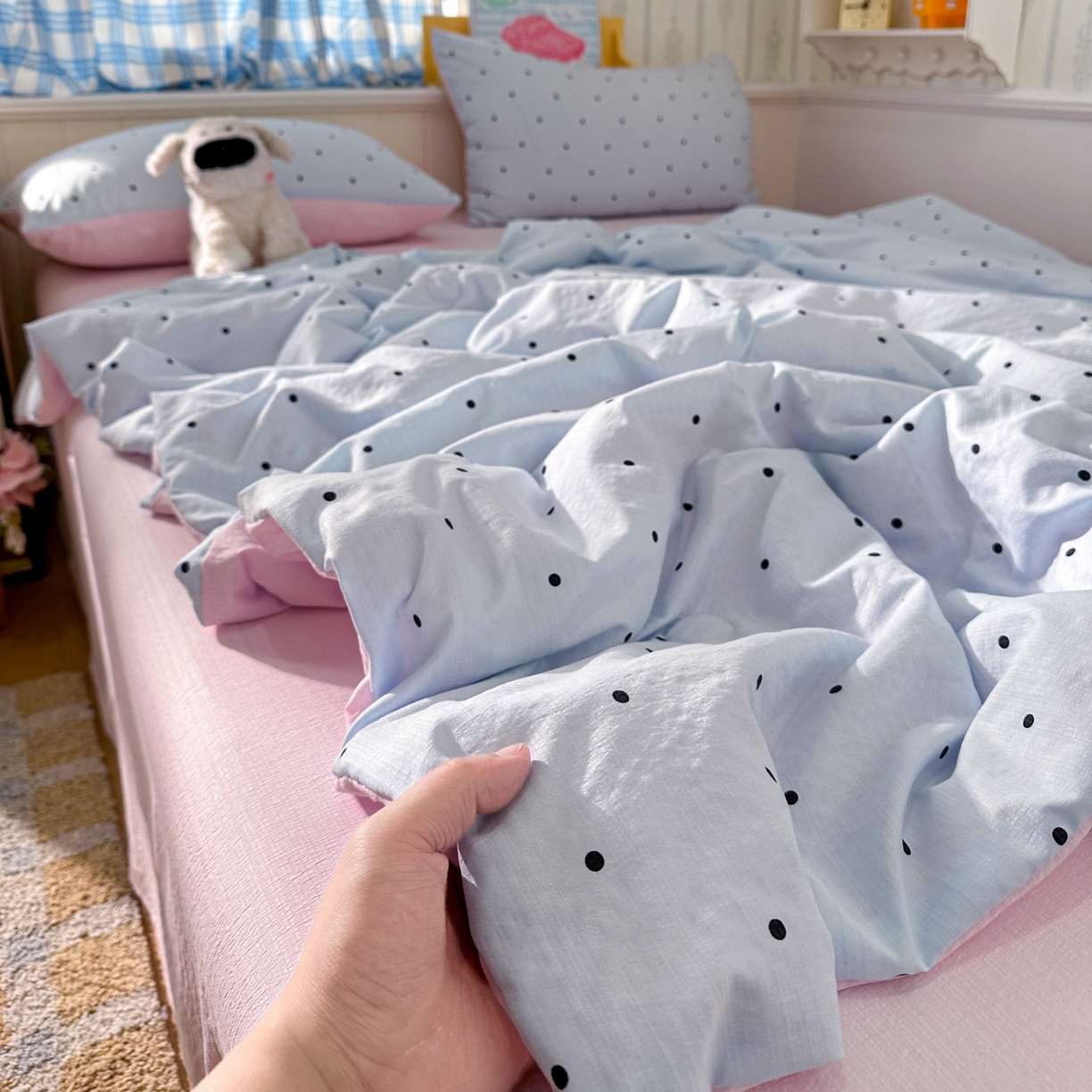 91家纺网 家纺一手货源 找家纺 N先生+V 13814689556 发大图/买家秀 2026春夏新款A类泡芙双层纱夏被系列夏凉被空调被 蓝色波点（夏被）