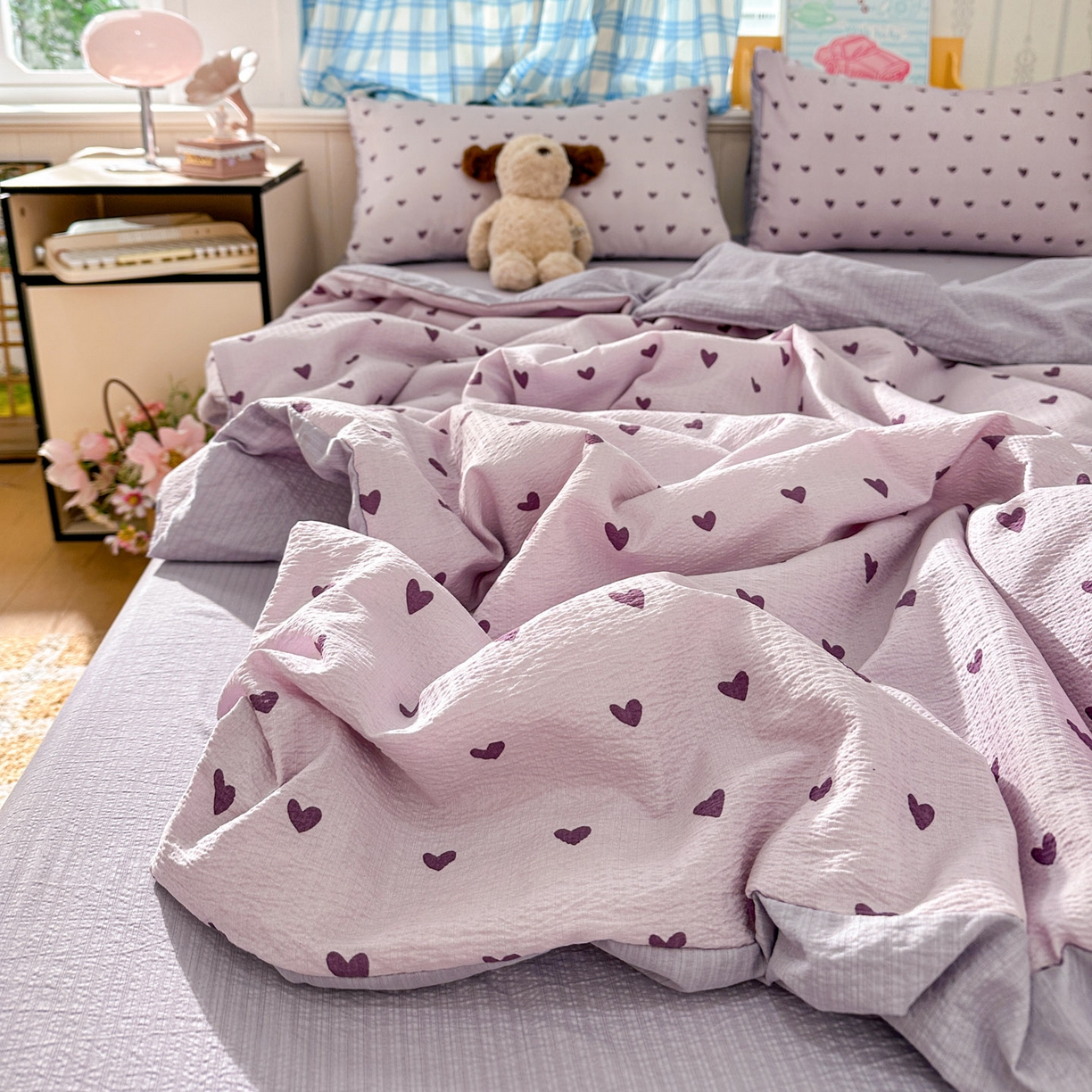 91家纺网 家纺一手货源 找家纺 N先生+V 13814689556 发大图/买家秀 2026春夏新款A类泡芙双层纱夏被系列夏凉被空调被 紫色心情（夏被）