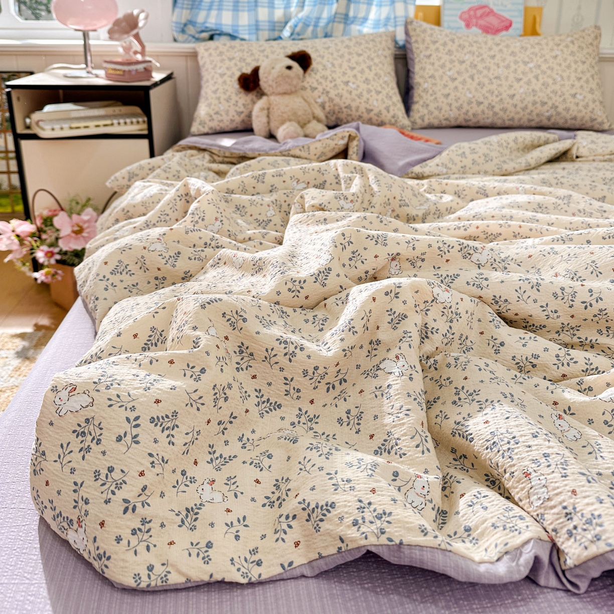 91家纺网 家纺一手货源 找家纺 N先生+V 13814689556 发大图/买家秀 2026春夏新款A类泡芙双层纱夏被系列夏凉被空调被 花园兔（夏被）