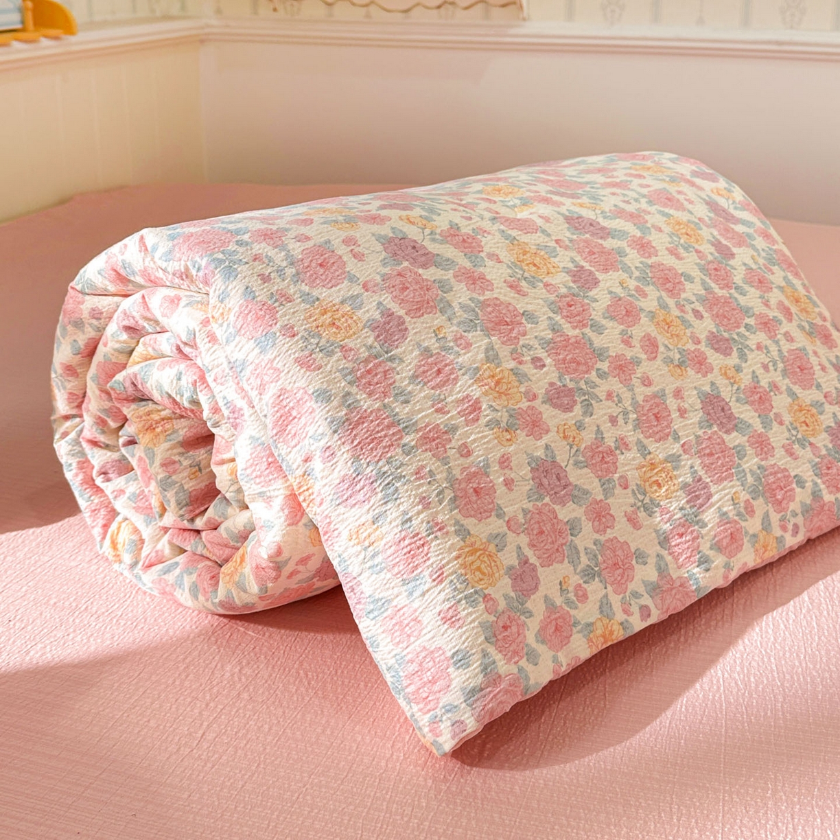 91家纺网 家纺一手货源 找家纺 N先生+V 13814689556 发大图/买家秀 2026春夏新款A类泡芙双层纱夏被系列夏凉被空调被 春风里(夏被）