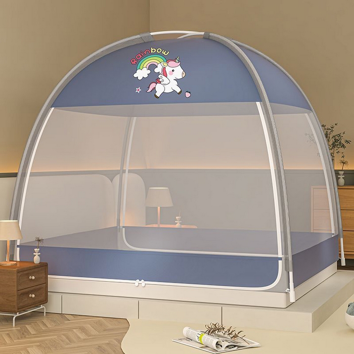 冉美家纺 2026新款U门蒙古包卡通印花蚊帐 彩虹马-蓝