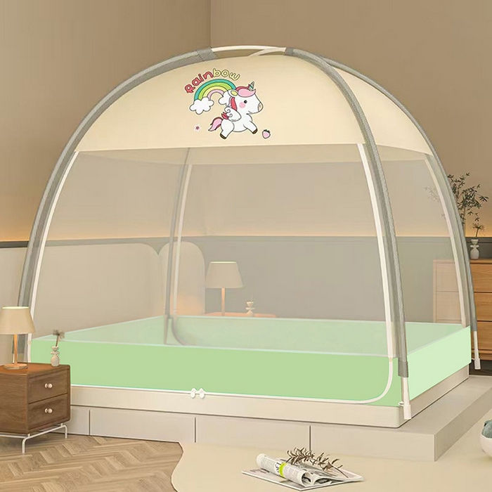 冉美家纺 2026新款U门蒙古包卡通印花蚊帐 彩虹马-米黄+绿