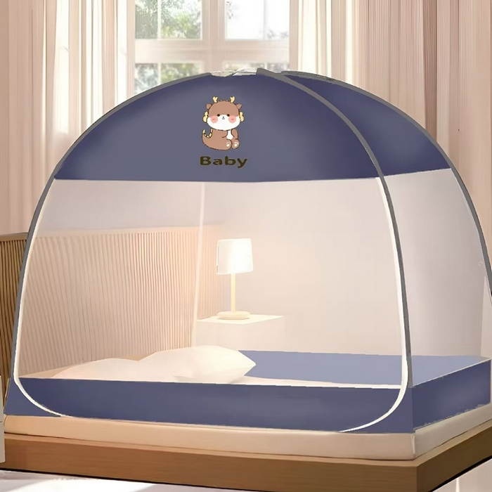 冉美家纺 2026新款U门蒙古包卡通印花蚊帐 小恐龙-蓝