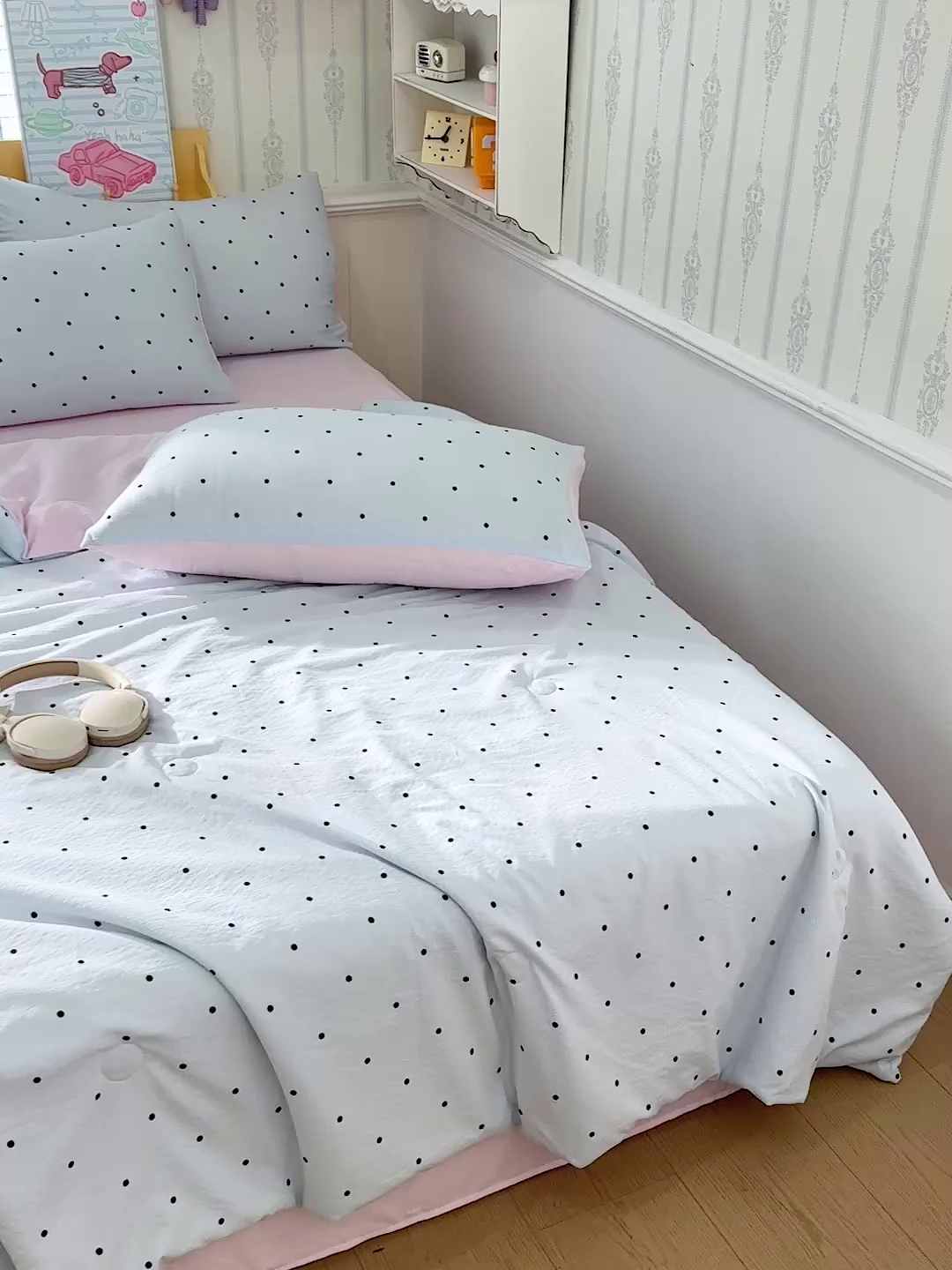 91家纺网 家纺一手货源 找家纺 N先生+V 13814689556 发大图/买家秀 2026春夏新款A类泡芙双层纱夏被系列夏凉被空调被 蓝色波点（夏被）