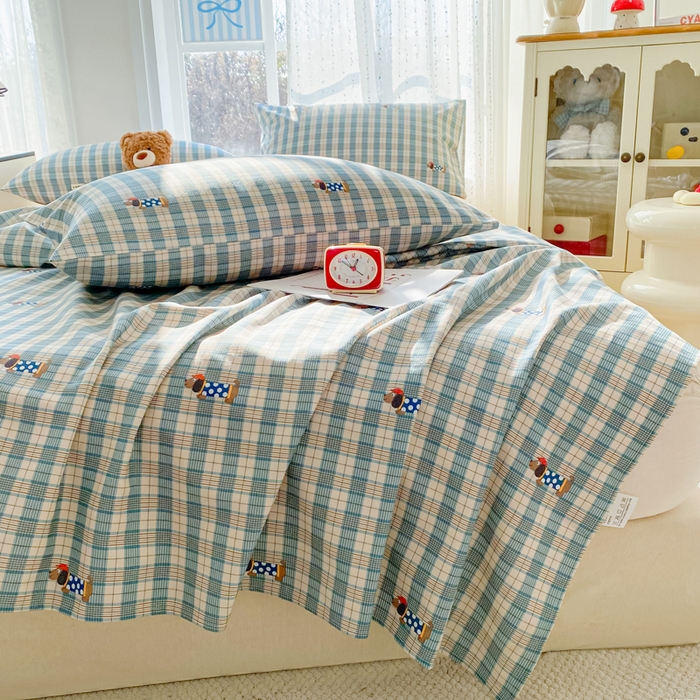 91家纺网 家纺一手货源 找家纺 棉乐町家居 2026春夏新款100%全棉纯棉老粗布床单凉席席子 小萌狗