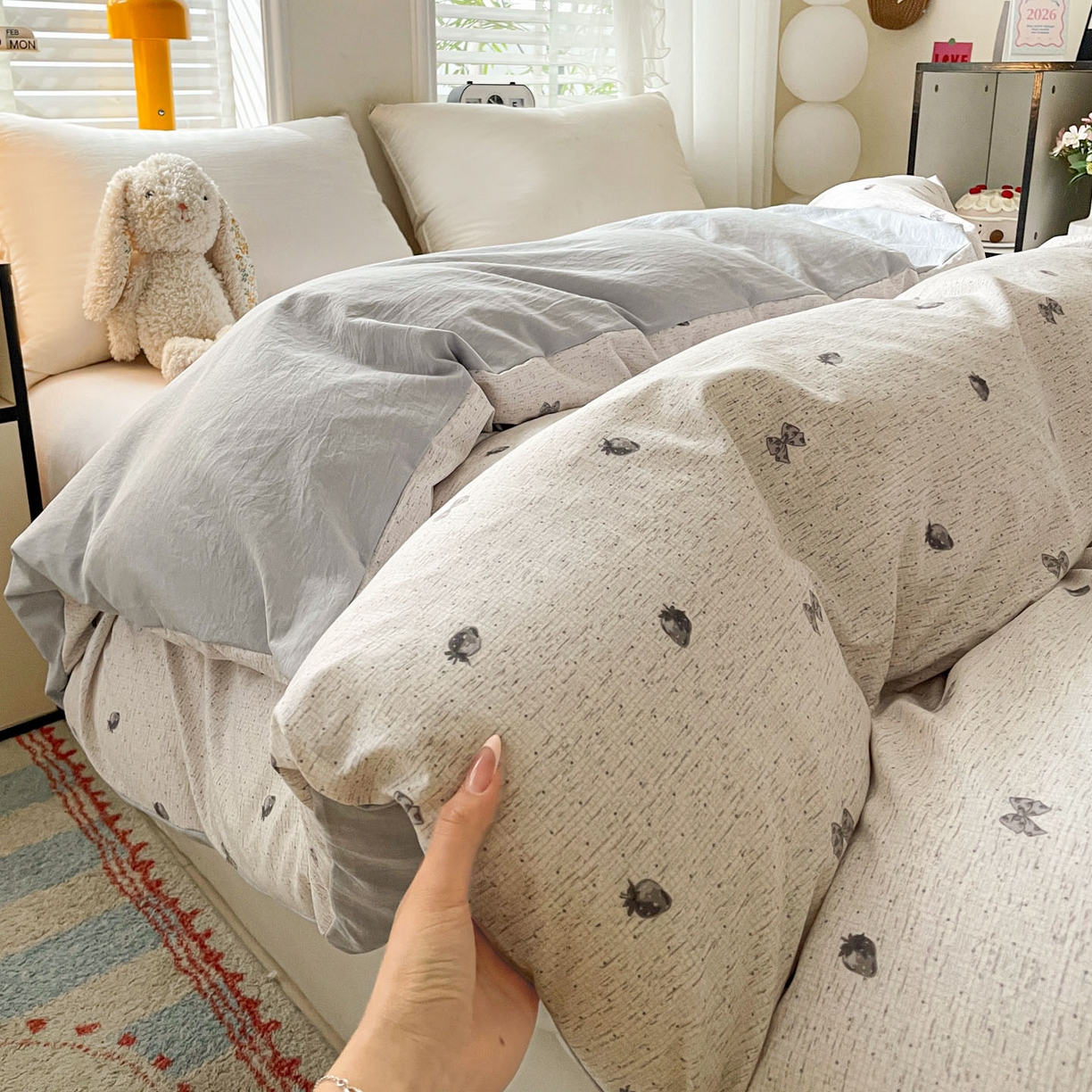 91家纺网 家纺一手货源 找家纺 纽缦家纺 2026新款A类105g仿棉四件套古法水洗棉单被套 初春灰